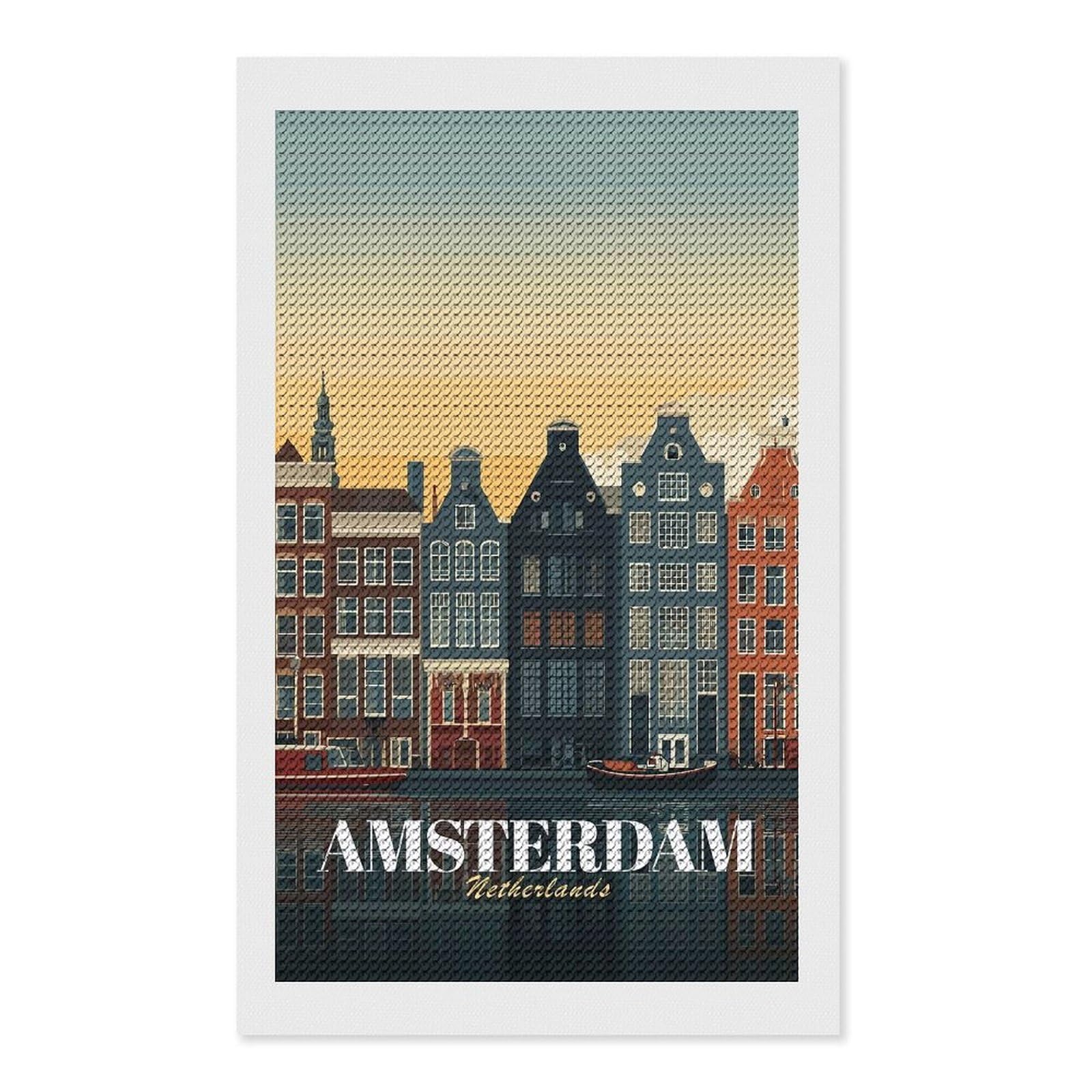 Junmoney Amsterdam Netherlands Cityscape Illustration Diamond Art Kit 12"x20", Neat Printed Canvas, Finish and Display, Relaxing DIY Hobby, Living Room Decor