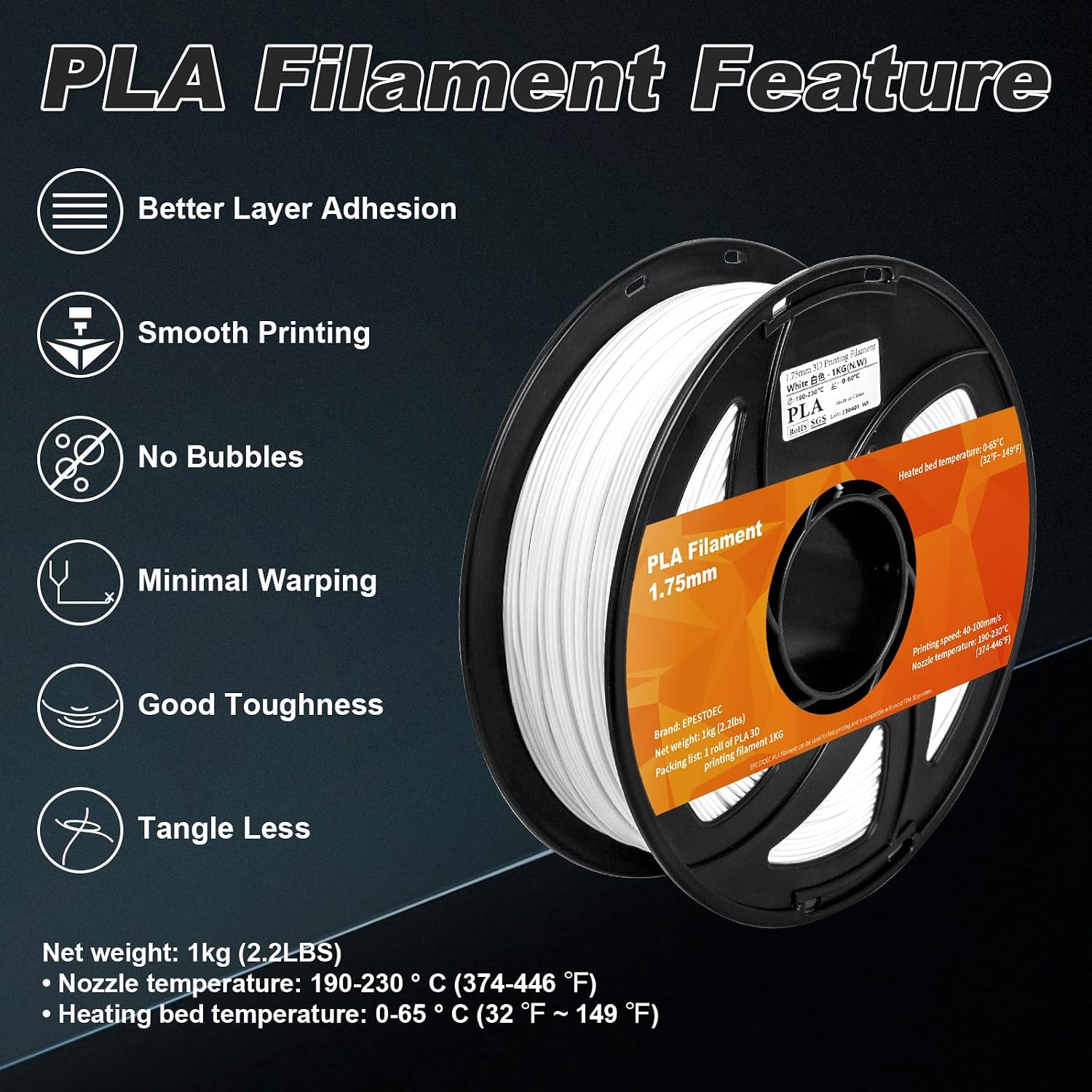 EPESTOEC 3D Printer Filament, pla Filament 1.75mm,PLA 3D Printer Filament Vacuum Packaging 1kg, Dimensional Accuracy +/- 0.03mm, Fit Most FDM 3D Printers (PLA White 1-Pack)