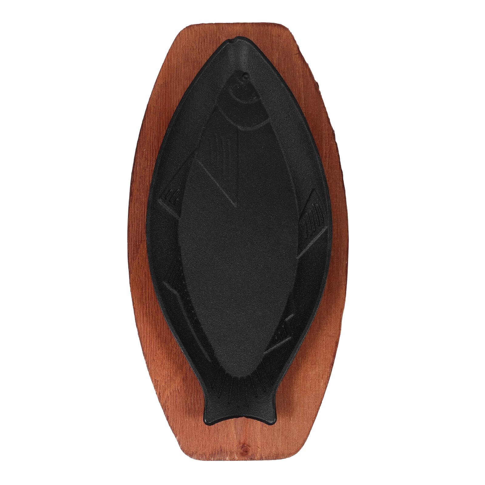 Plato para Freír Barbacoa Forma de Pescado Negro de Hierro | Bandeja de Madera Incluida, Diseño Portátil, Acabado en Negro, Pieza de Cocina para Asar