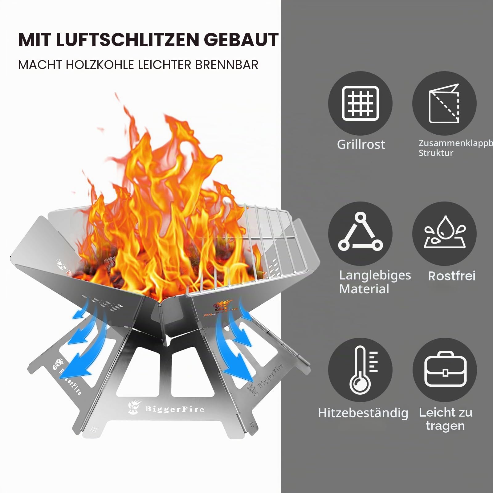 Faltbares Feuerstelle, tragbare Edelstahl-Feuerstelle mit Grillgitter und Aufbewahrungstasche – Campingfeuer für Terrasse, Outdoor-BBQ und Lagerfeuer