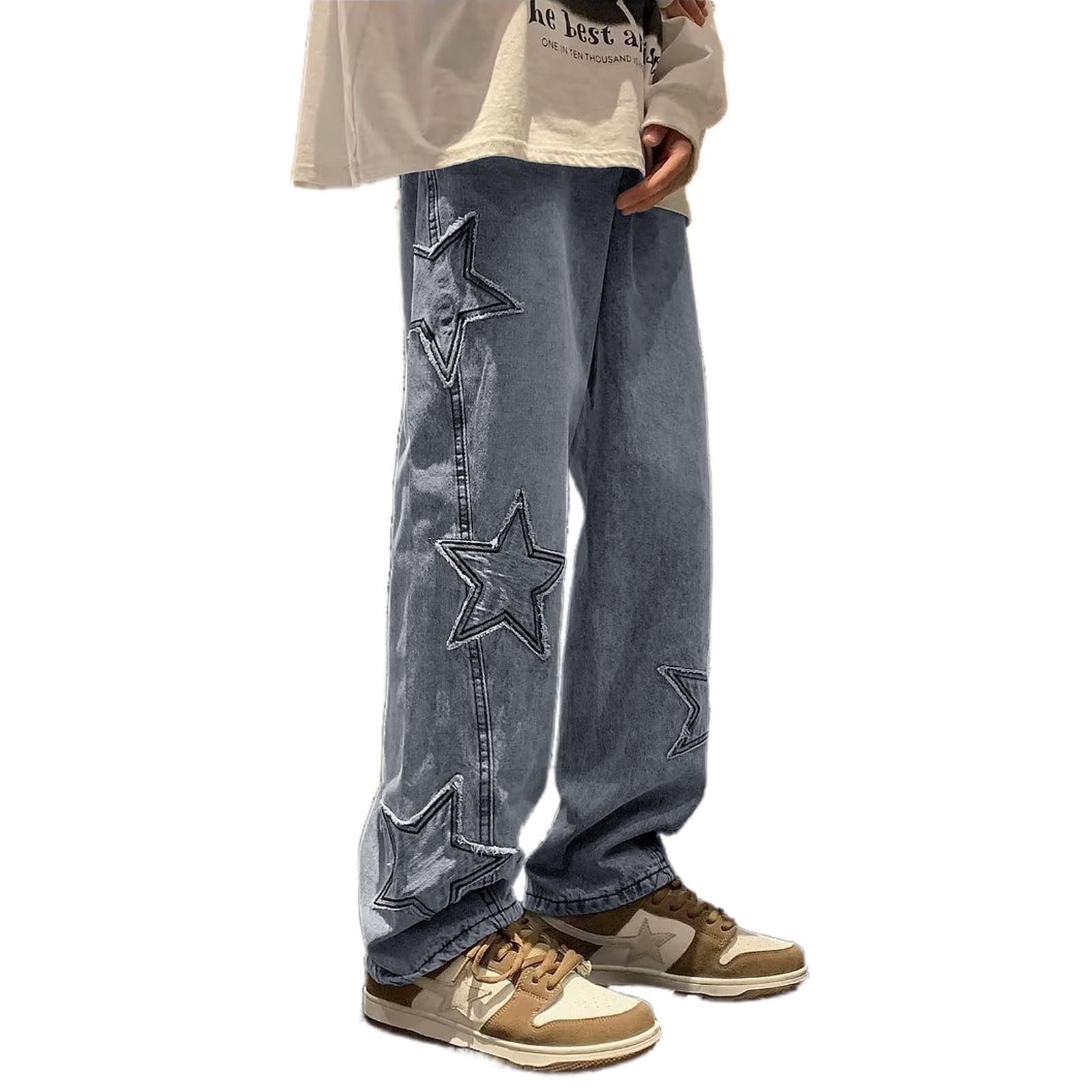 HBER Mens Y2k Star Jeans High Waisted Hip Hop Streetwear Jeans