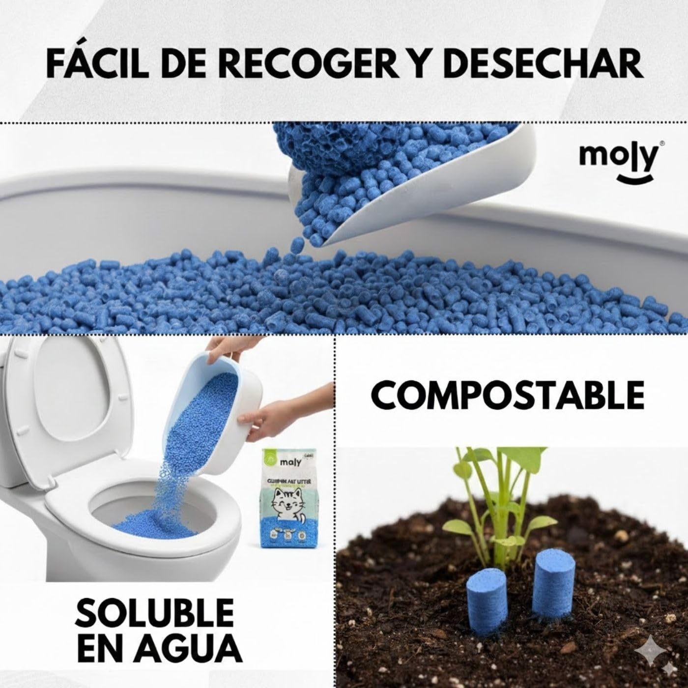 MOLY x6 Arena de Gatos Tofu de Maiz y Bambu 16,8 KG 22,2 L | Arena Biodegradable y Aglomerante Alta Absorcion con Aroma de Talco | Control Total de Olores | Sin Polvo | Lecho Mineral