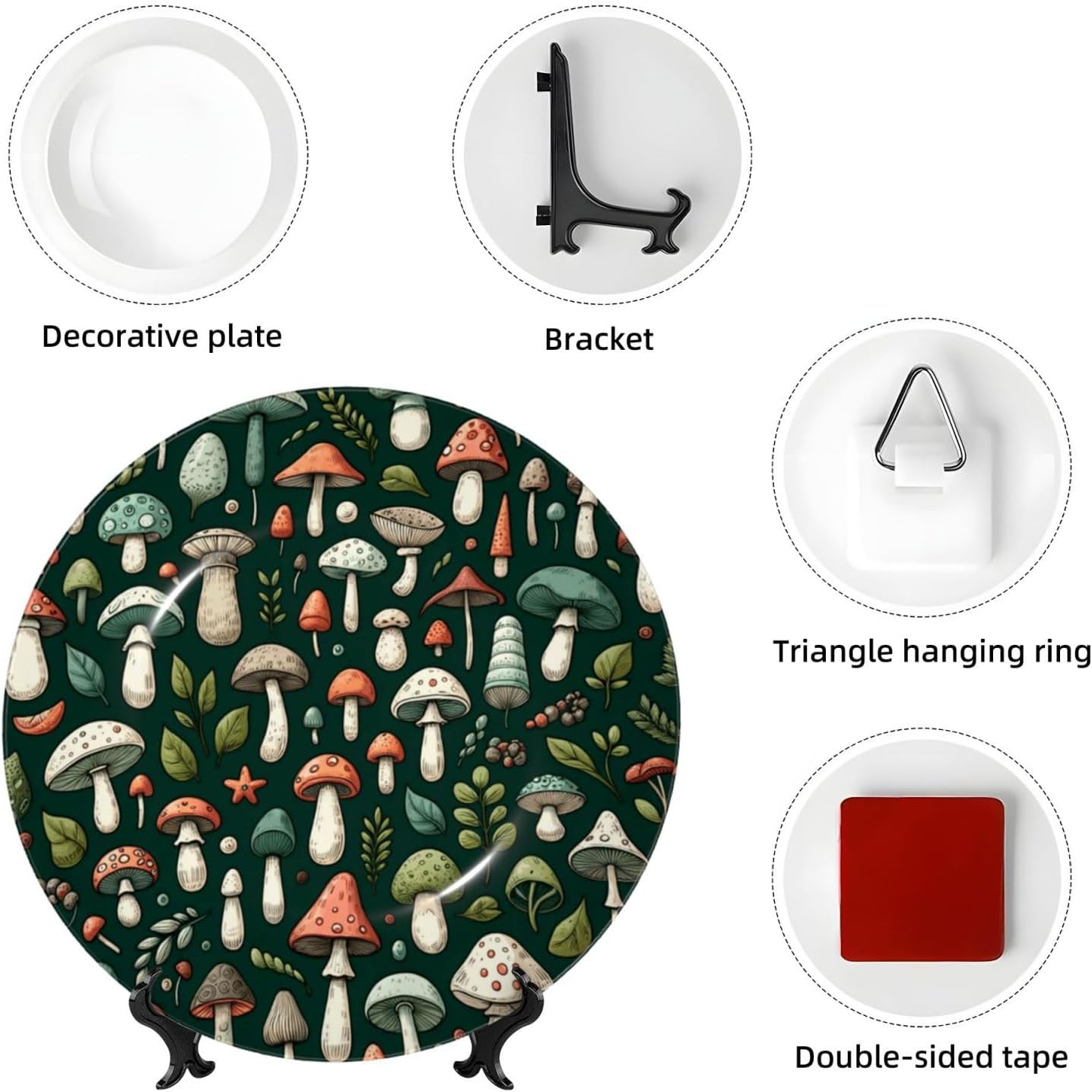 Various-Mushrooms-Green 10 Inch Decorative Plate With Stand, Elegant Display Wall Plate For Home Decor
