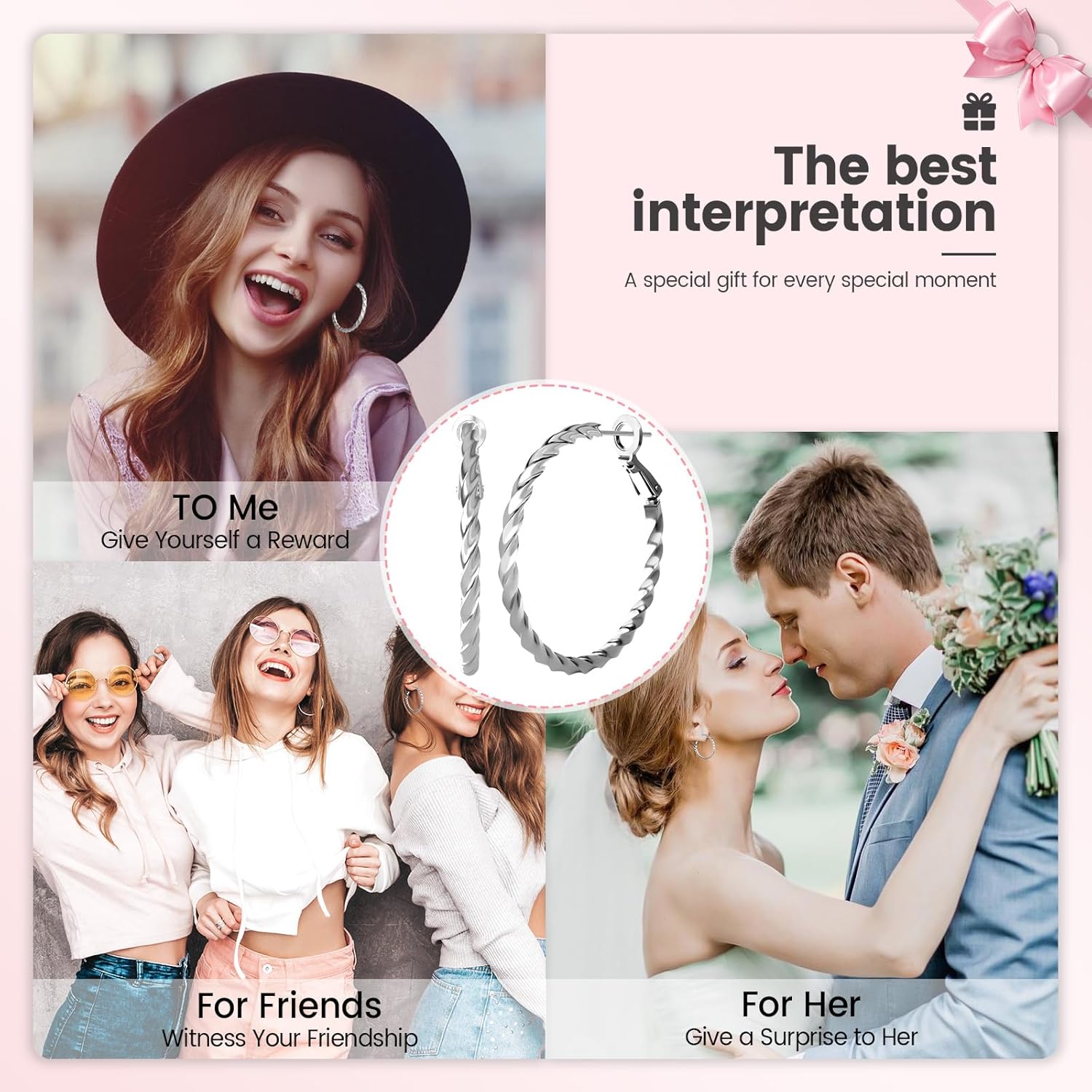 Silver Twisted Hoop Earrings for Women, Hypoallergenic Nickel-Free Lightweight 40mm Click-Clasp Hoops, Sparkling Jewelry Gifts for Her, Mom, Girlfriend on Valentine's Day, Birthday - Image 5