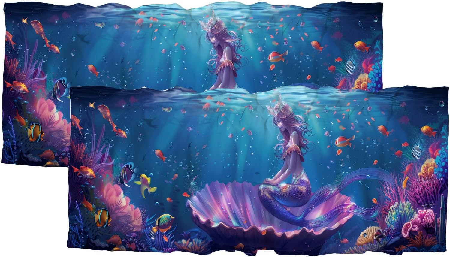 Mermaid Valances Curtains for Kitchen Windows Seashell Underwater Colorful Fish Ocean Light Filtering Short Kitchen Valance Rod Pocket Window Decor Curtain for Bedroom Living Room 2 Pack 52x 18 inch