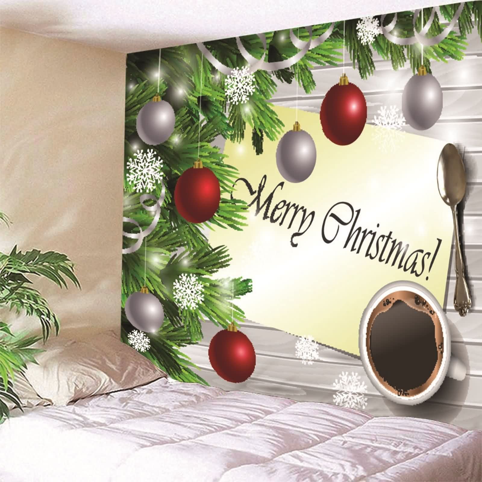 Noël Tapisserie Intissee Tenture A Crochet Boule De Noël Flocons De Neige Café Tapisserie Decorative Tentures Murales Grande Surface Marron Gris Vert Rouge Décorations De Noël 200X200Cm