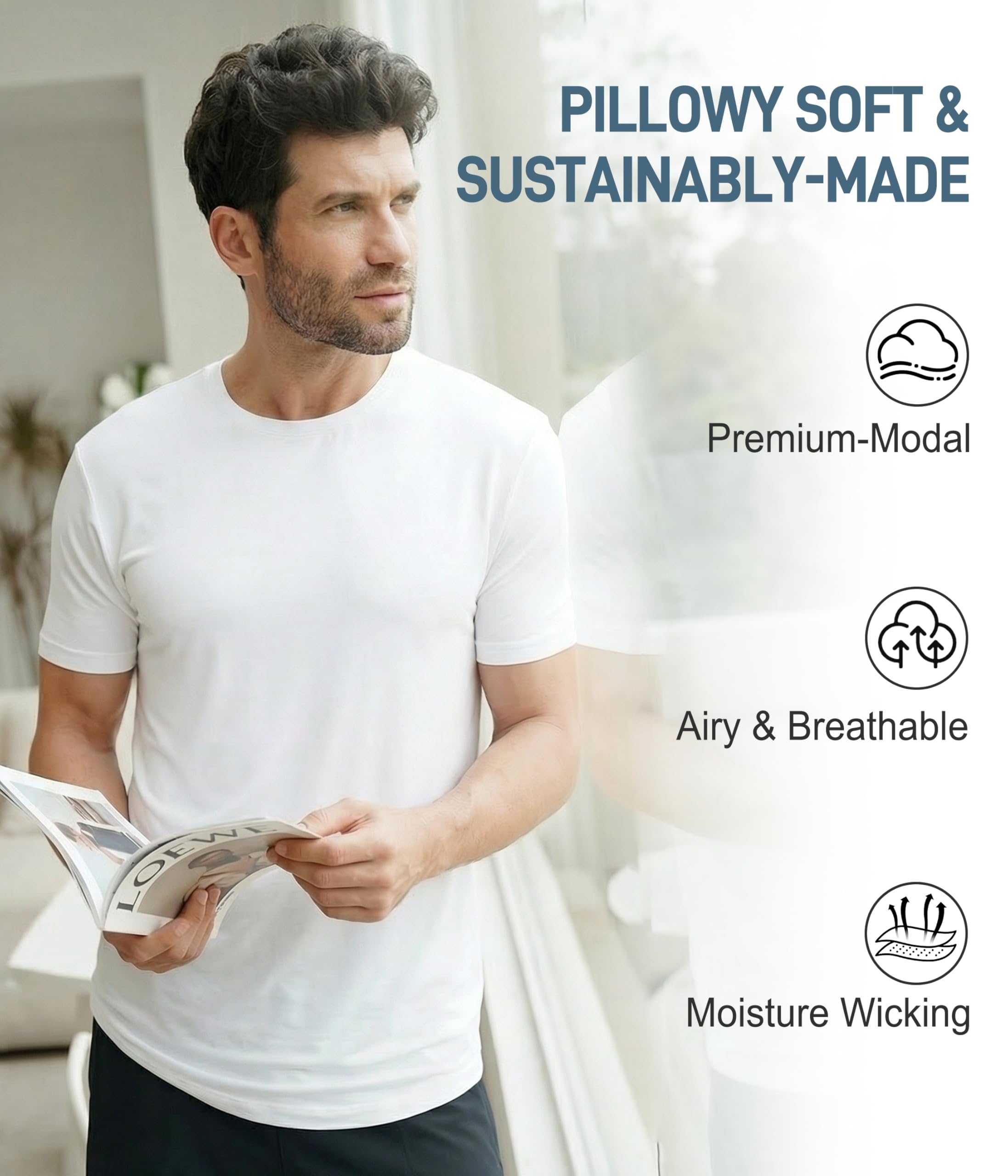 Paquete de 2 camisetas interiores para hombre, cuello redondo modal, ajustadas, con almohadillas para el sudor