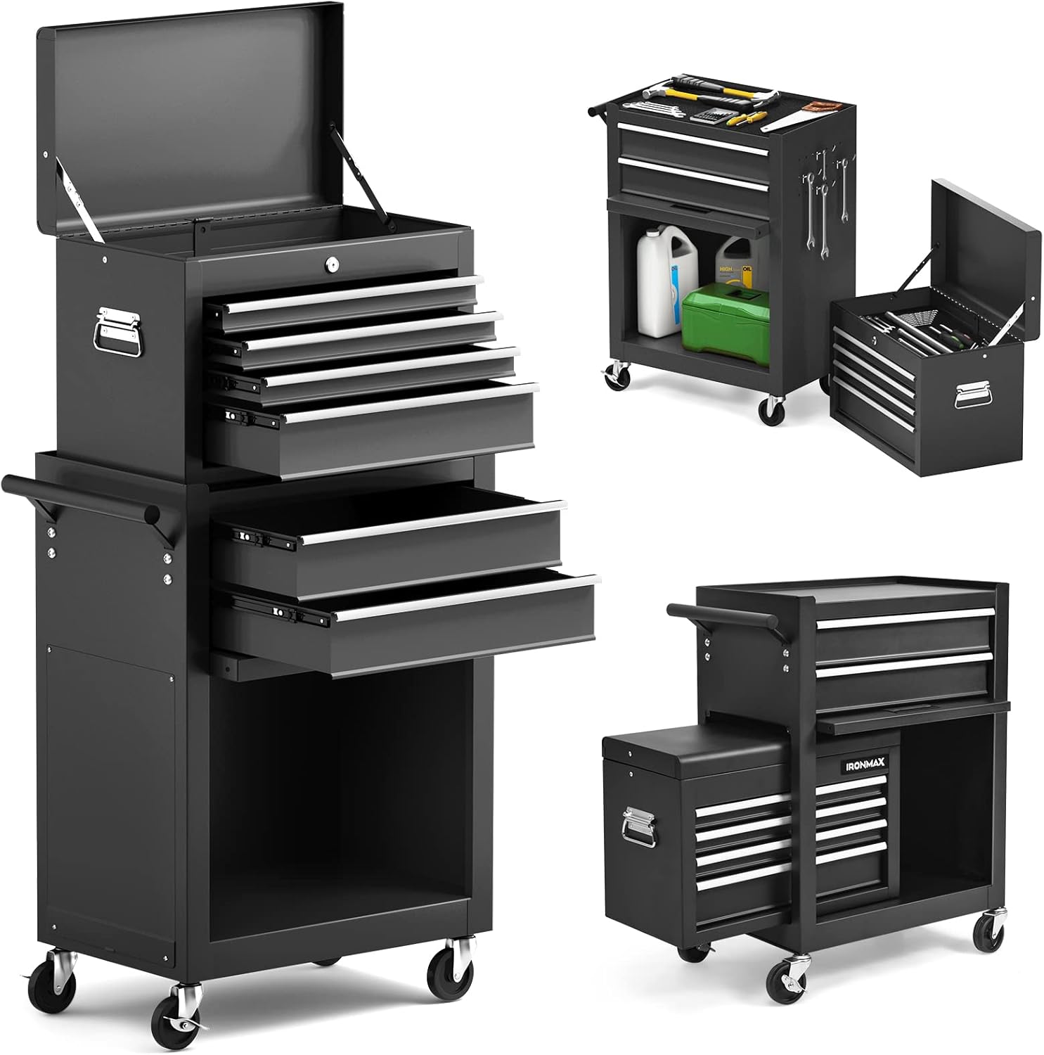 ERGOMASTER Rolling Tool Box and Cabinet with 6-Drawers - Includes 4-Drawers Removable Top Box, 2-Drawer Capacity Tool Storage, Wheels and Locking System for Convenient and Safe Tool Storage-Black