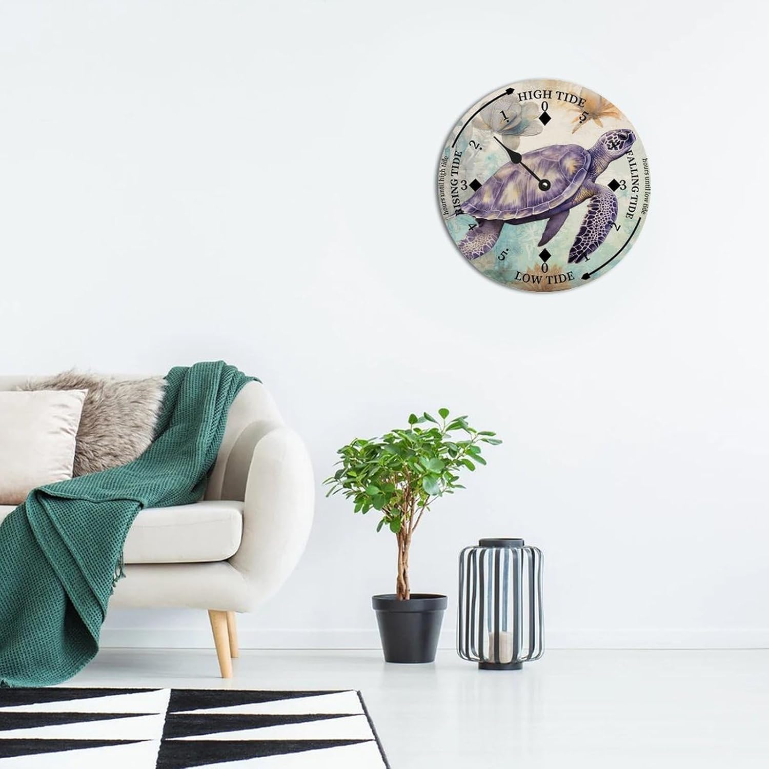 Vintage Beach Time Tide Clock - Sea Turtle Tidal Clock Moon Clock Silent Non-Ticking Battery Operated Wooden Wall Clock for Cottage Beach Boat Living Room Bedroom Home Decor 12x12 in