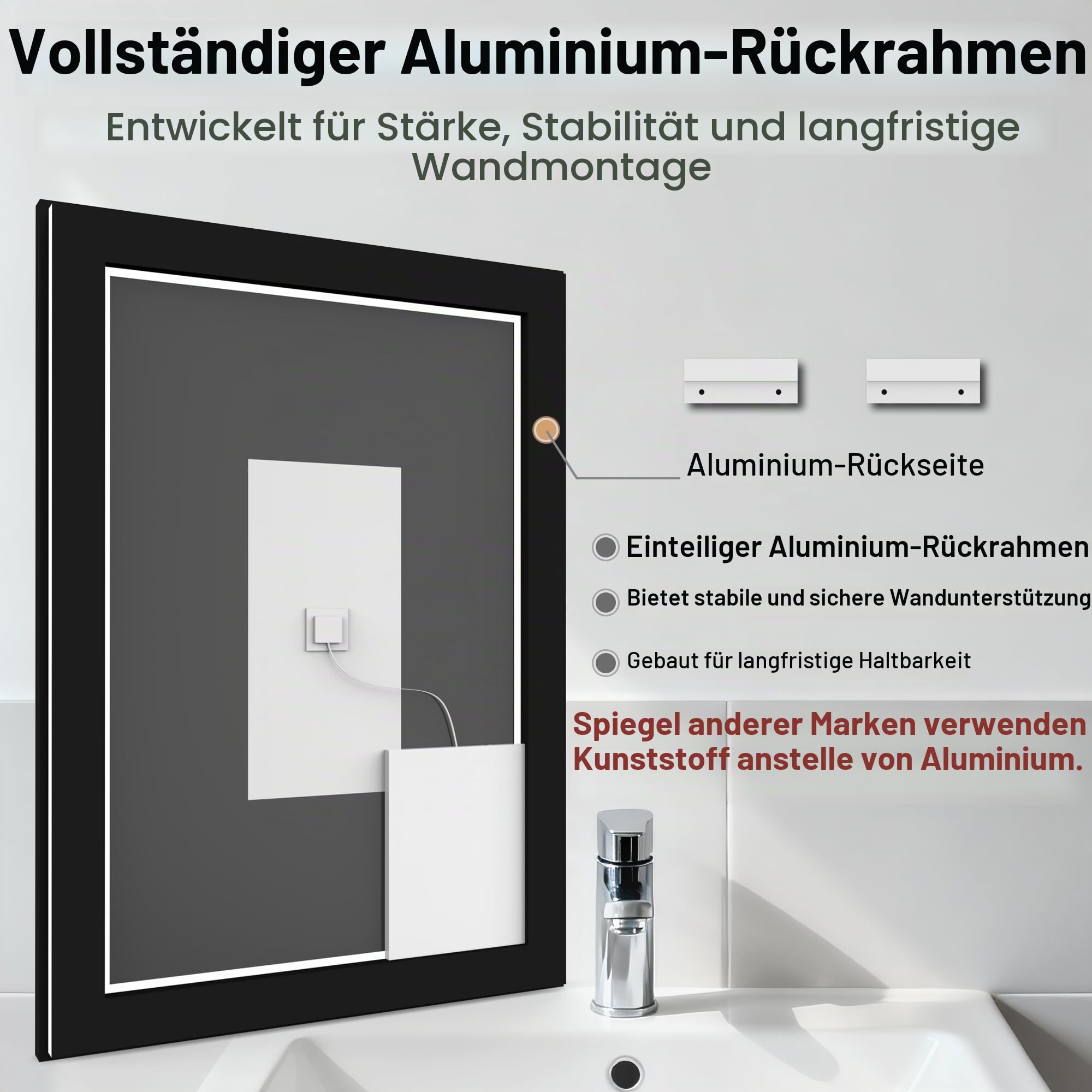 EchosLife 120x80cm Spiegel mit LED, Badspiegel mit Beleuchtung Schwarz Aluminium, Dimmbar und Antibeschlag Spiegel Beleuchtet Bad, 3 Farben Badspiegel LED Geeignet für Hotel, Badezimmer