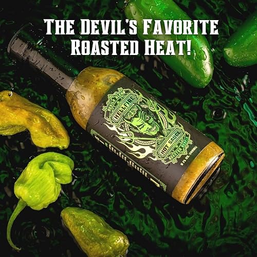 Miniatura 4 de Hellfire Hot Sauce Devil's Blend - Salsa verde gourmet de Carolina Reaper tostada al fuego, presentada en el programa de televisión Hot Ones, 5 onzas
