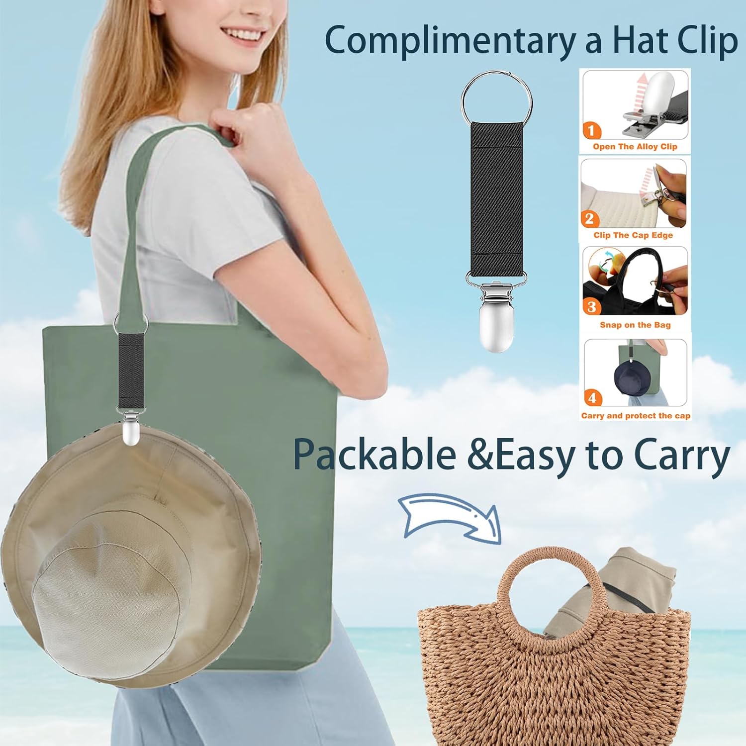 vidsel Womens Sun Hats Wide Brim Reversible Bucket Cotton Hat Packable Summer Travel Cap with Hat Clip,UV Protection - Image 3