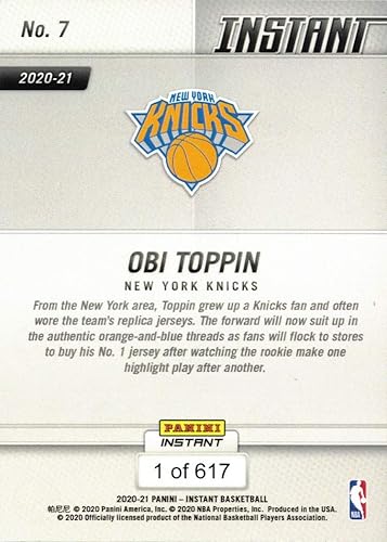 Miniatura 2 de 2020-21 Panini Instant Basketball #7 Obi Toppin Rookie Card Knicks - Only 617 made