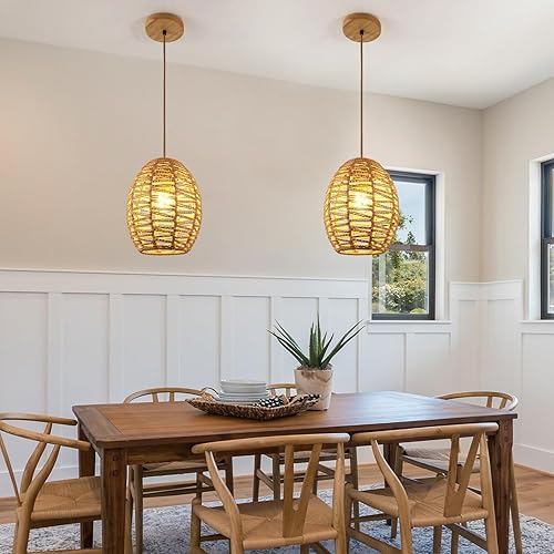 Miniatura 6 de DELIPOP Lámpara colgante, araña de ratán tejida a mano, luces colgantes ajustables bohemias para sala de estar, comedor, cocina, dormitorio, granja