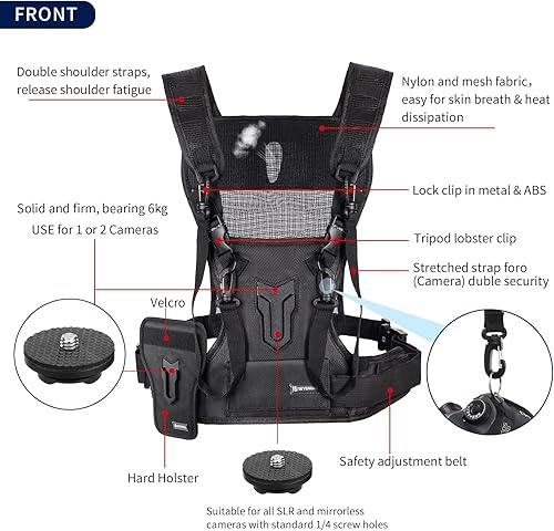 Miniatura 4 de Sevenoak Correa de doble cámara para Canon Nikon, sistema de chaleco de pecho de transporte múltiple para Canon 6D 600D 5D2 5D3 Nikon D90 Sony A7S
