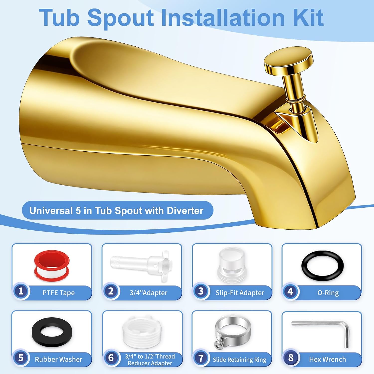 Universal Tub Spout with Diverter, Fits 1/2" Slip on Copper Pipe and 1/2" IPS & 3/4" IPS Threaded, Bathroom Tub Faucet Replacement, Bathtub Spout with Adapter and Hex Wrench (Polished Gold)
