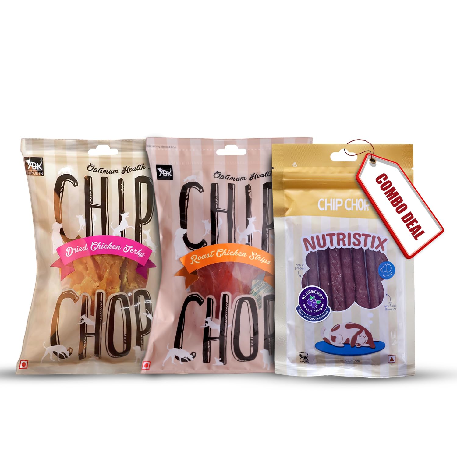 Chip Chops Dog Treat Combo (Roast Chicken Strips, Sun Dried Chicken Jerky and Blueberry Flavour Nutristix) 70gm Each - Protein Rich Snacks for All Dog Breeds (B0C8BSDCJP) Amazon Price History, Amazon Price Tracker