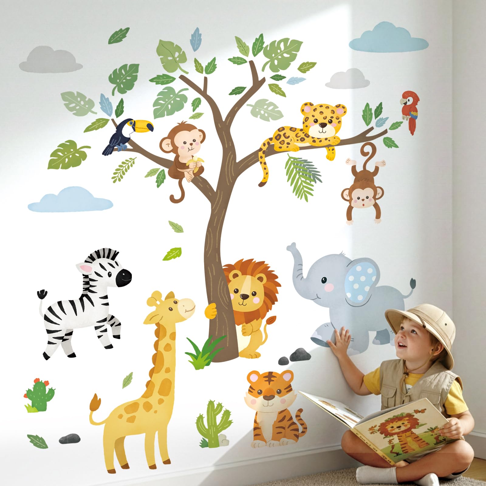 Decowall Boys Jungle Animals Tree Wall Stickers – Elephant, Giraffe, Lion Safari Wall Decals For Kids Nursery, Baby Bedroom, Living Room Home Décor (Sg2-2418)