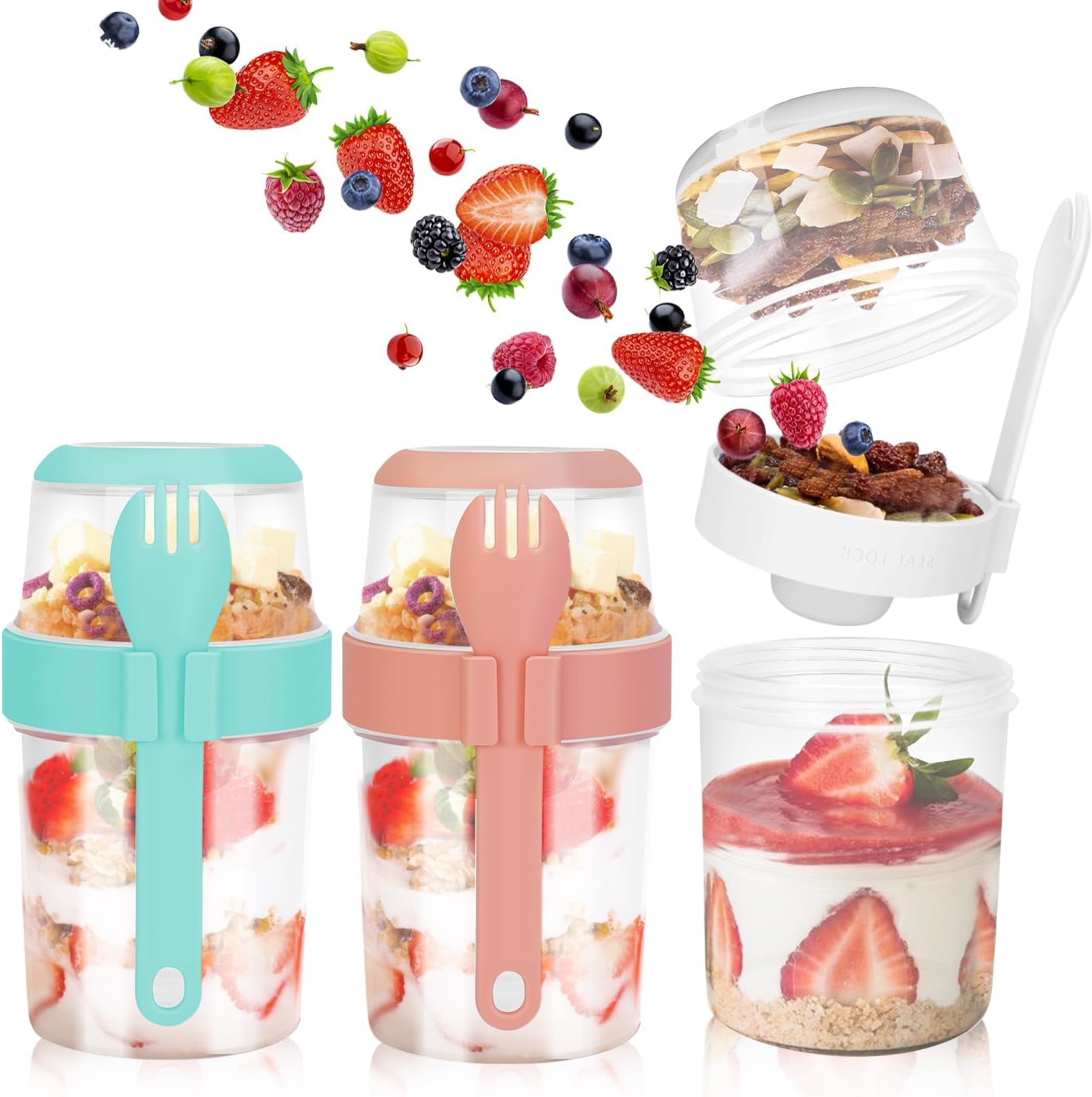 JRONGHE Overnight Oats Jars, 3 Pack 29 oz Reusable Breakfast On the Go Bowls Yogurt Parfait Cups with Lids Salad bowl or Fruit Container with Spoon Oatmeal Container Set