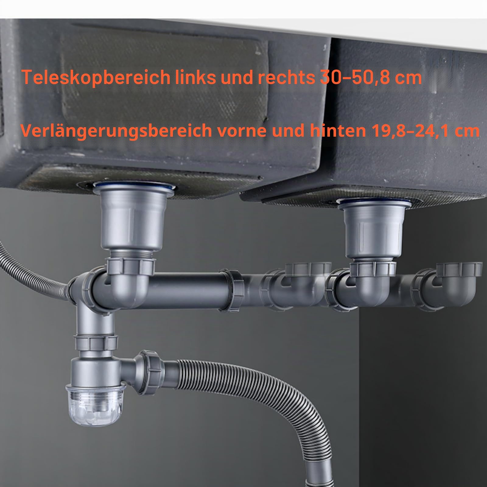 Doppelspülen-Ablaufset Platzsparendes Küchenspülen-Ablaufset Ausziehbares Flexibles Siphonrohr 114mm Spülenablauf-Montageset mit 4-Wege-Anschlussadapter für Geschirrspüler
