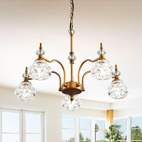 5-Light Vintage Gold Crystal Chandeliers for Dining Room, Antique Victorian Chandelier, Rustic Kitchen Island Light Fixtures, Modern Farmhouse Hanging Pendant Lights for Living Room, Bedroom, Foyer