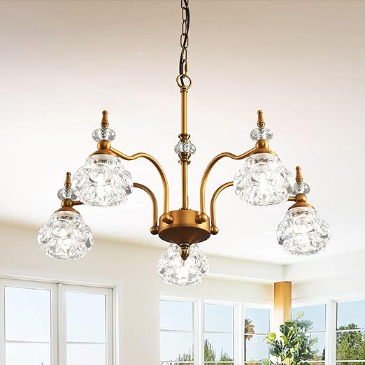5-Light Vintage Gold Crystal Chandeliers for Dining Room, Antique Victorian Chandelier, Rustic Kitchen Island Light Fixtures, Modern Farmhouse Hanging Pendant Lights for Living Room, Bedroom, Foyer