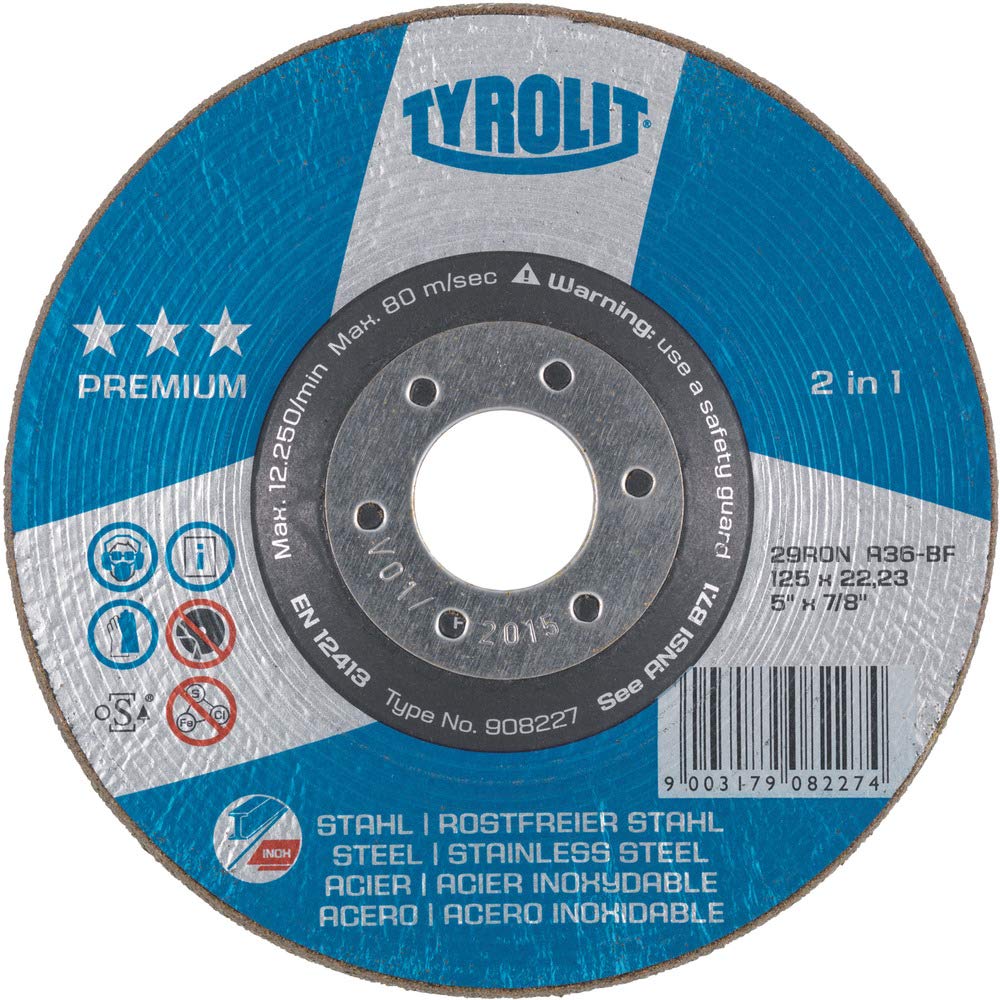 Tyrolit 908227 PREMIUM RONDELLER 2in1 Disco de Desbaste, 29RON, A36Q-BF, 125 x 22.23 mm Dimensiones, Caja de 25