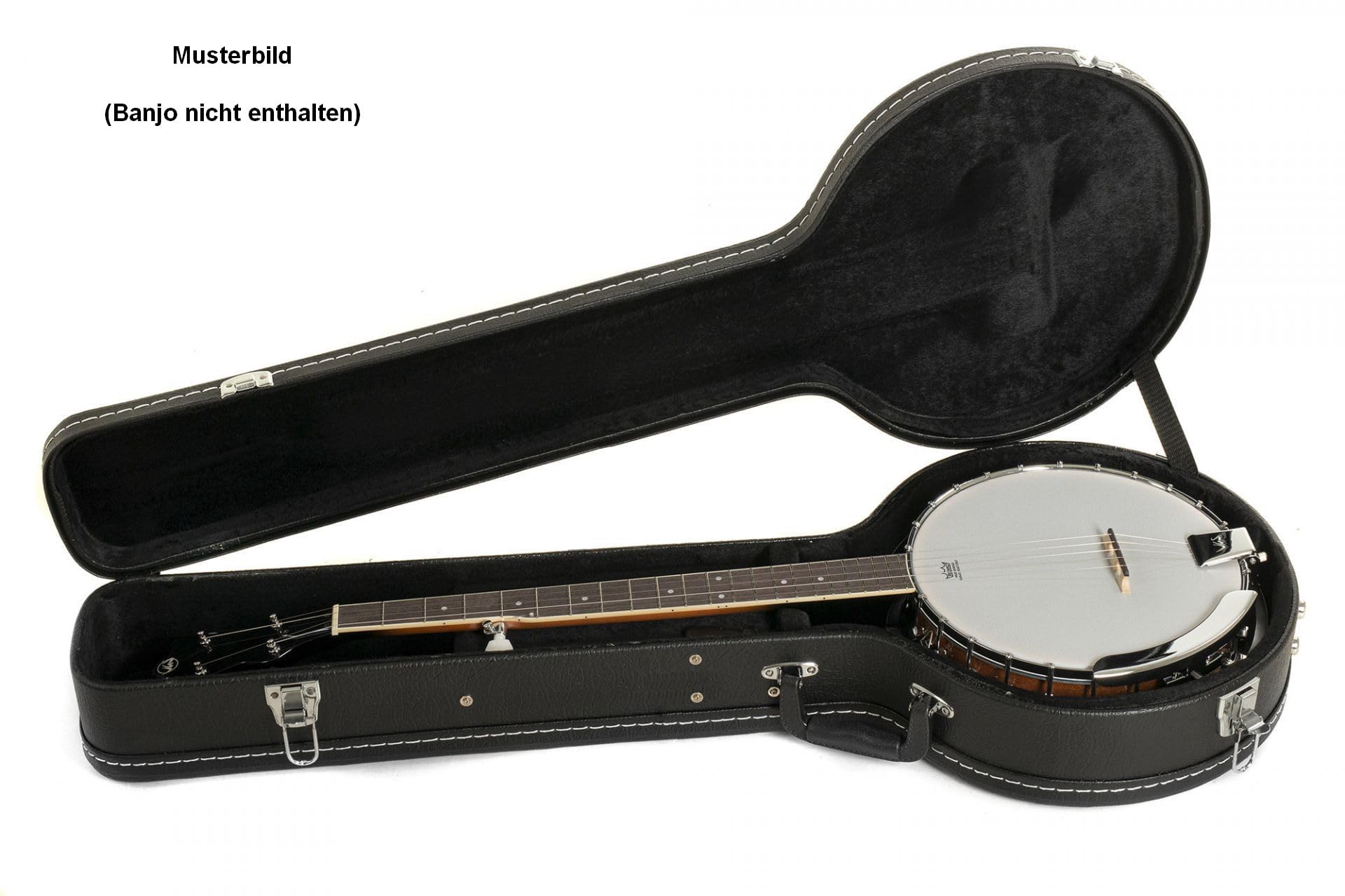 Banjokoffer Hartschale Vinyl Schwarz – Für 4 5 6-saitige Banjos – Holzkern, Plüsch-Innenfutter, Zubehörfach, Schloss, Griff, Füße – Stabiler Transportkoffer für Banjo mit verchromter Hardware