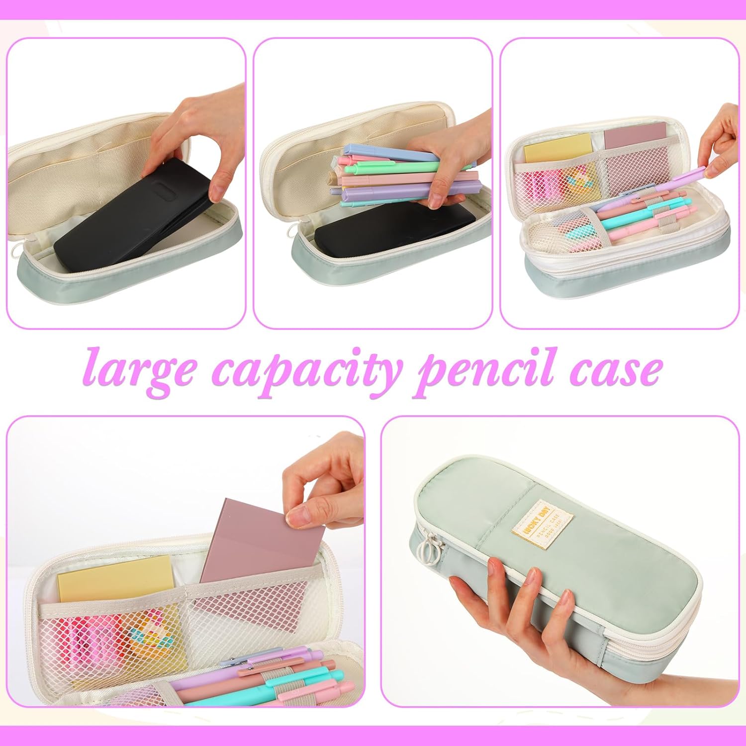 30 Pcs Aesthetic School Supplies with Pencil Case 6 Mechanical Pencil 5 Ballpoint Pen 5 Quick Dry Pen 6 Pastel Highlighter Transparent Sticky Index Tab for Student Stationary Essentials(Green)