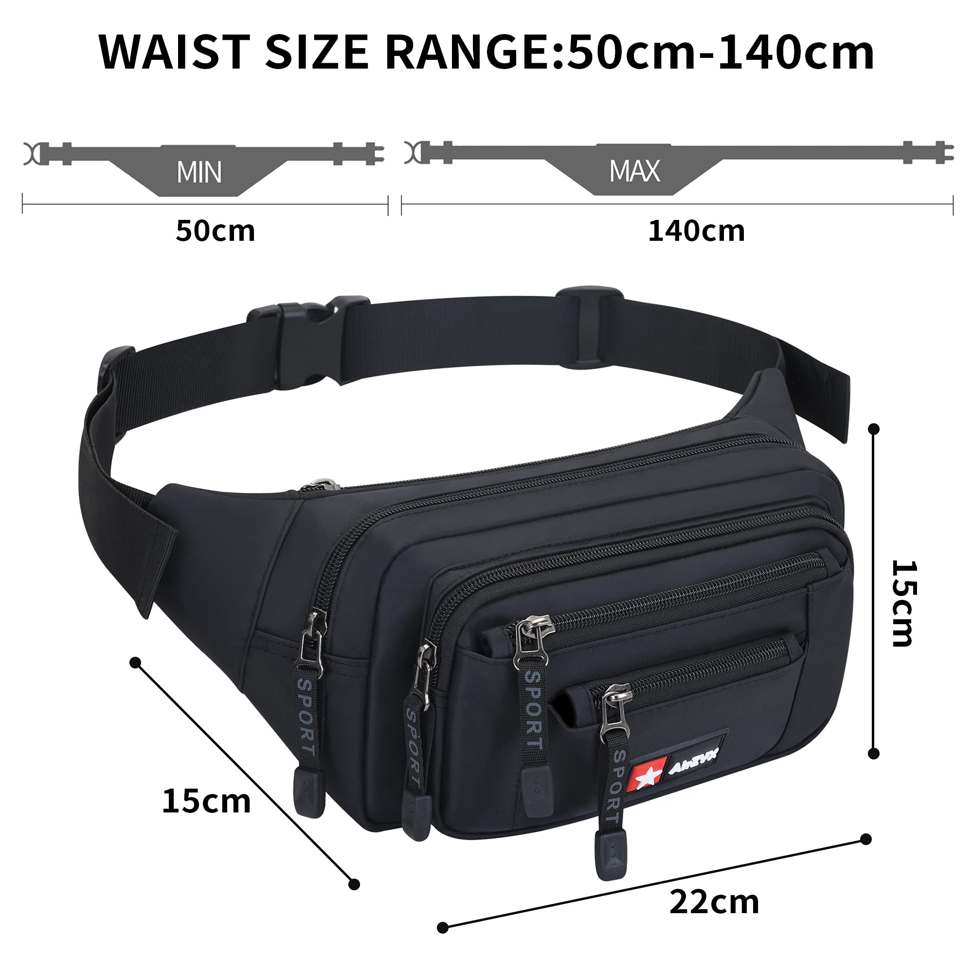 Marsupio Uomo Donna Impermeabile Sportivo con 6 Tasche per Corsa Campeggio Viaggio (Nero)