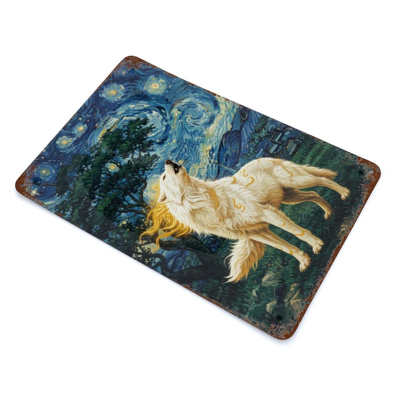 Distressed Metal Wall Sign with Okami Howling at Starry Night Design 11.8"x7.9", for Living Room, Hallway And Home Decor, Vintage Wall Decor