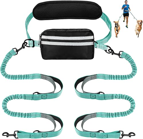 Miniatura 26 de Correa de perro manos libres con bolsa, cinturón ajustable con asas dobles acolchadas, correa de cintura para accesorios de paseo de perros, verde