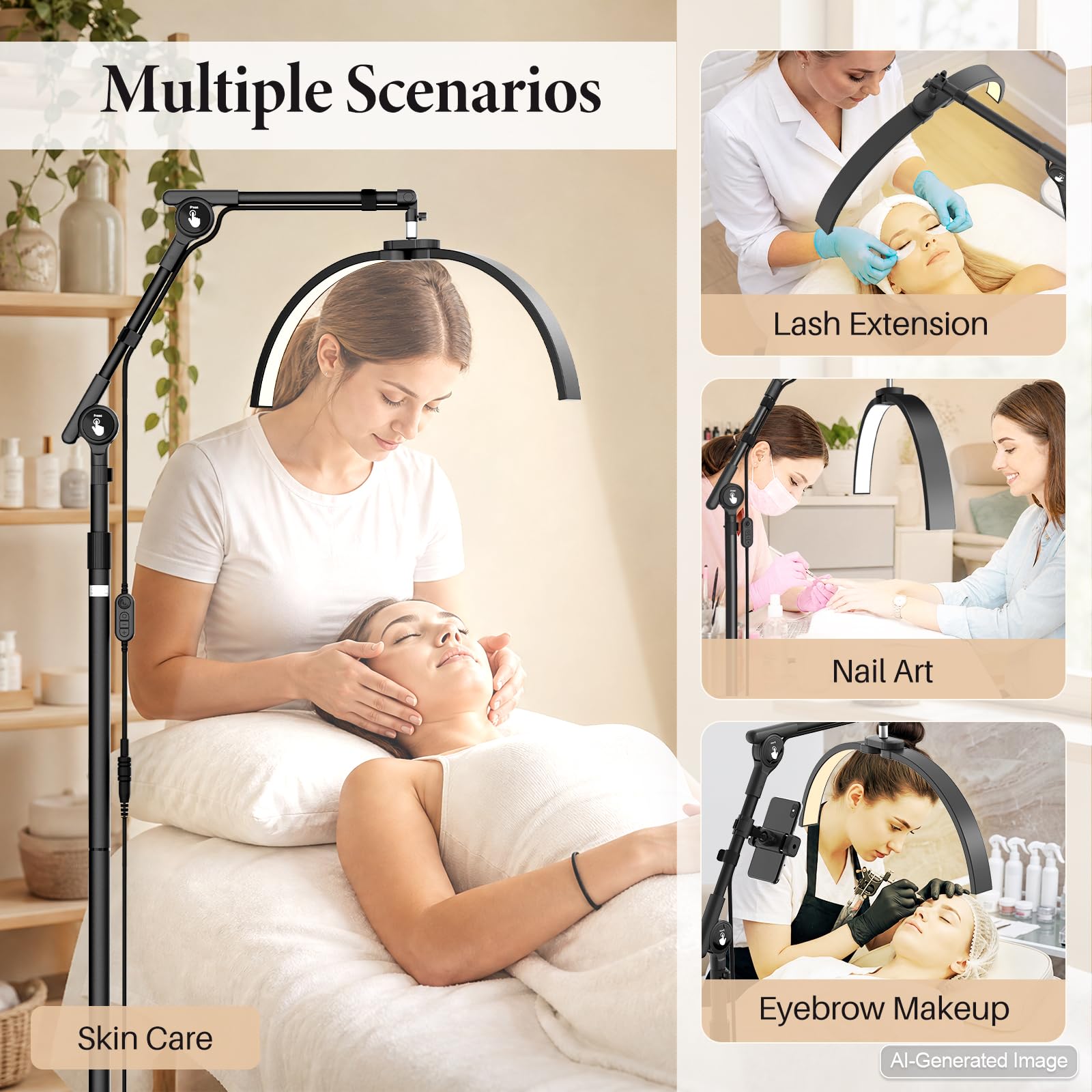 Lampara Extensiones de Pestañas: 21" Plegable Lampara LED de Pie Para Pestañas con 3 Colores Regulables & Rotación de 360° para Salón, Hogar, Negro