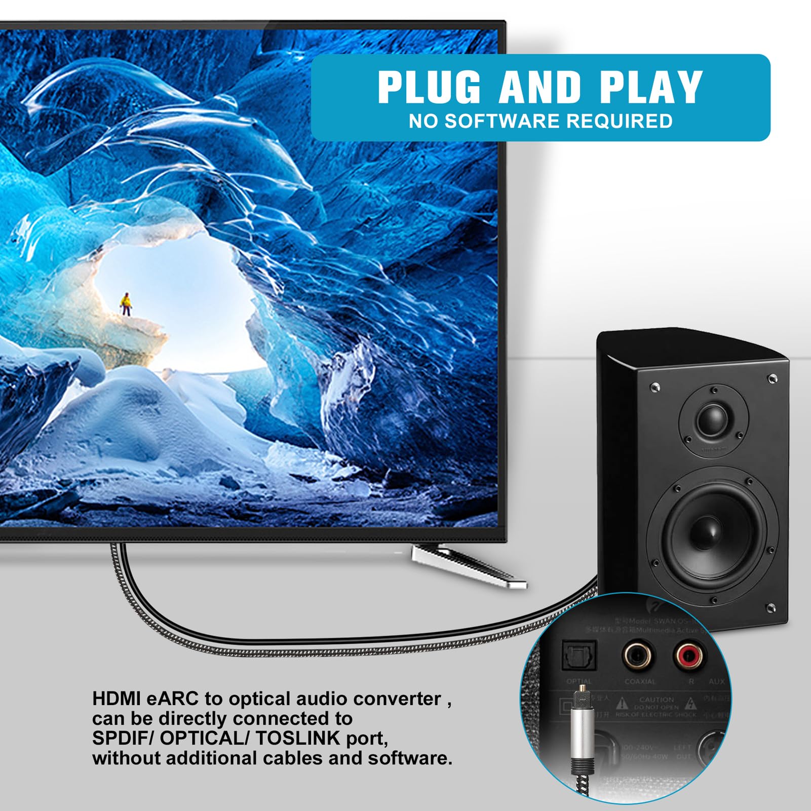 UNSTINCER HDMI eARC ARC zu Optisch Audio Konverter, Kabel 110cm/43in,HDMI Extractor Wandler Adapter für TV zu Lautsprecher Heimkino Soundbar, USB Powered 192kHz 24Bit Dolby DTS 5.1 PCM 2.0