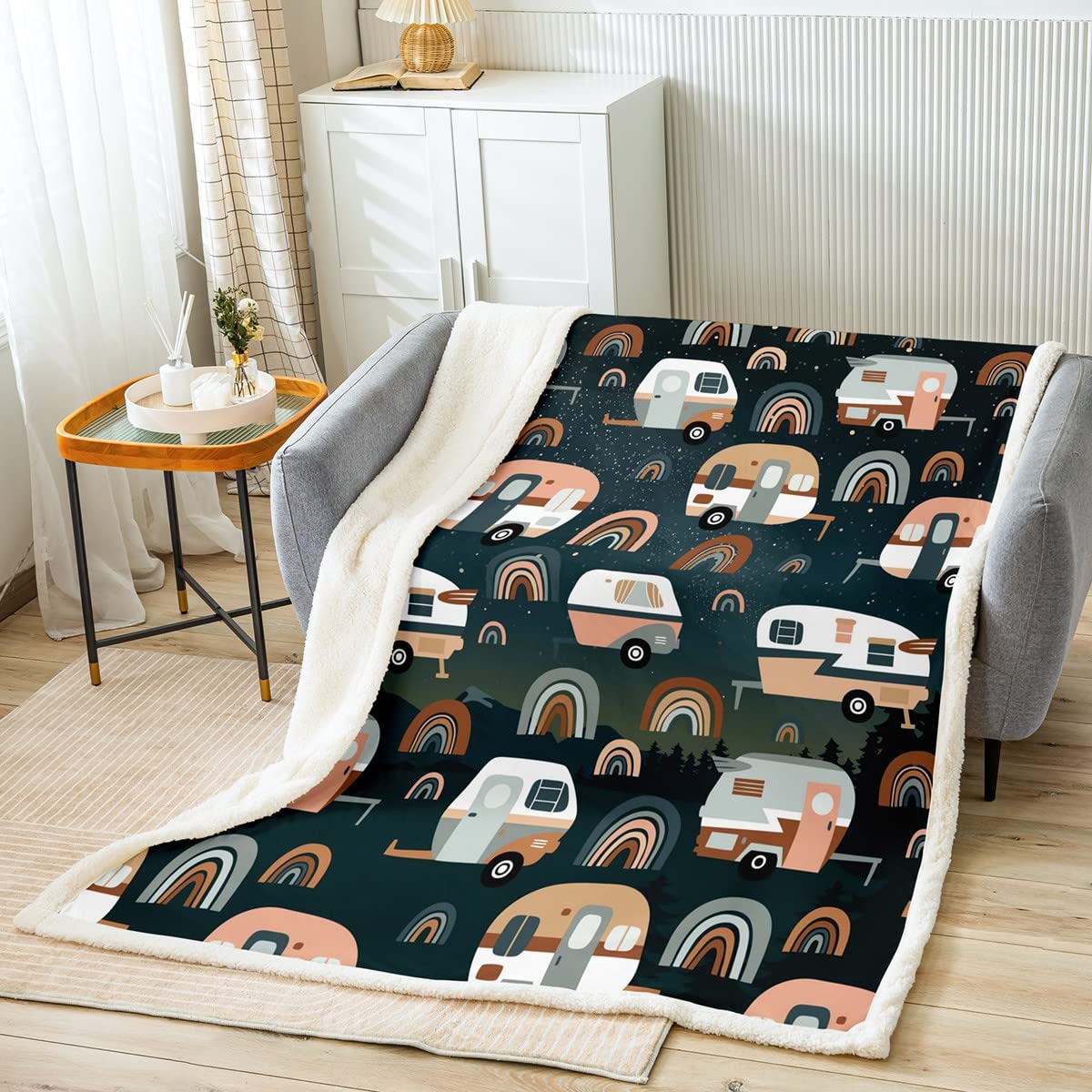 Coperta in pile arcobaleno per bambini, per campeggio, auto, camper, camper, ragazzi, rustica, in peluche, con glitter e glitter, per divano letto, 200 x 200 cm