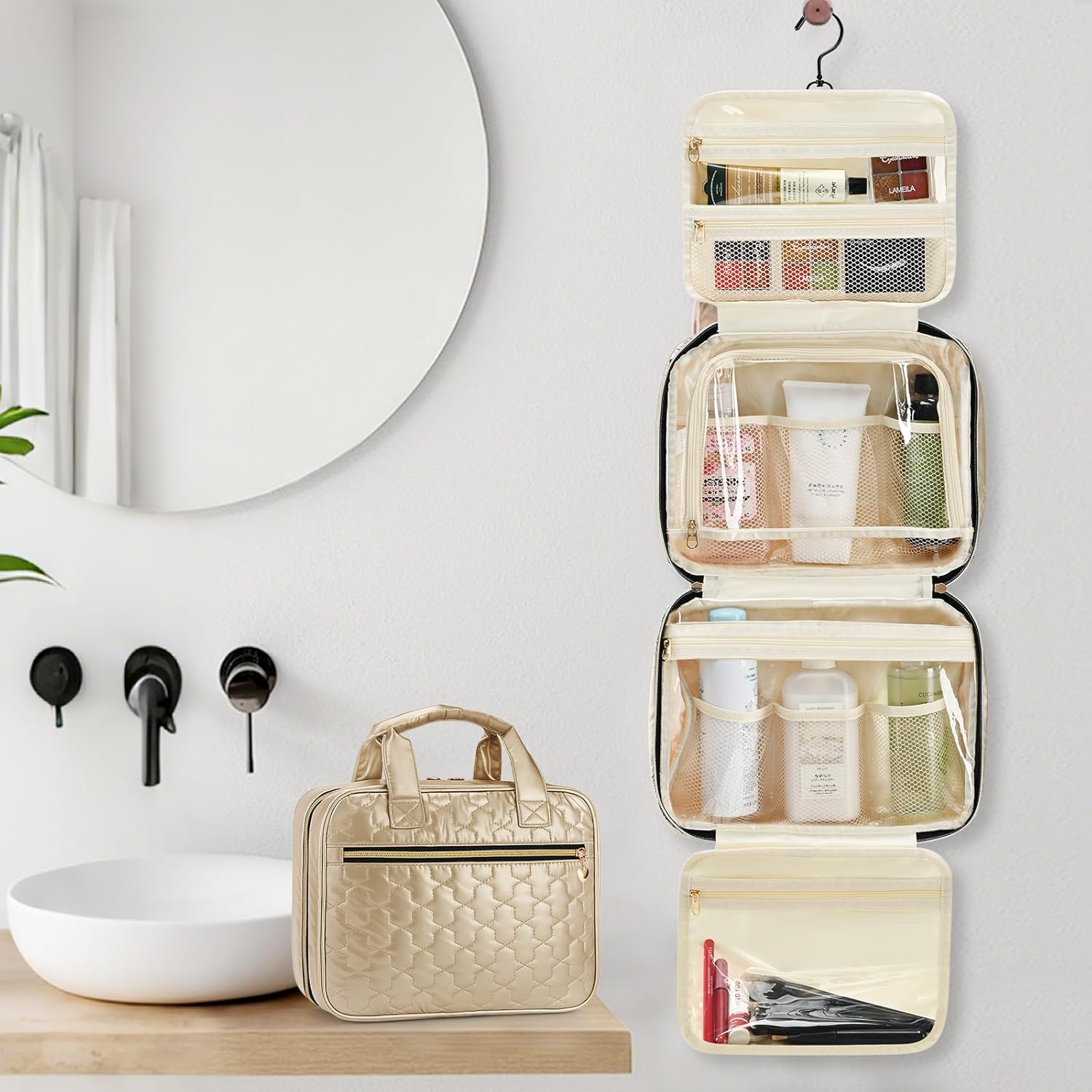 Travel Toiletry Bag, Hanging Makeup Organizer with Hook, Water-Resistant Cosmetic Bag, Fits Full-Size Shampoo & Conditioner Bottles, for Women & Men, Makeup Accessories & Brushes(Champagne, Medium)