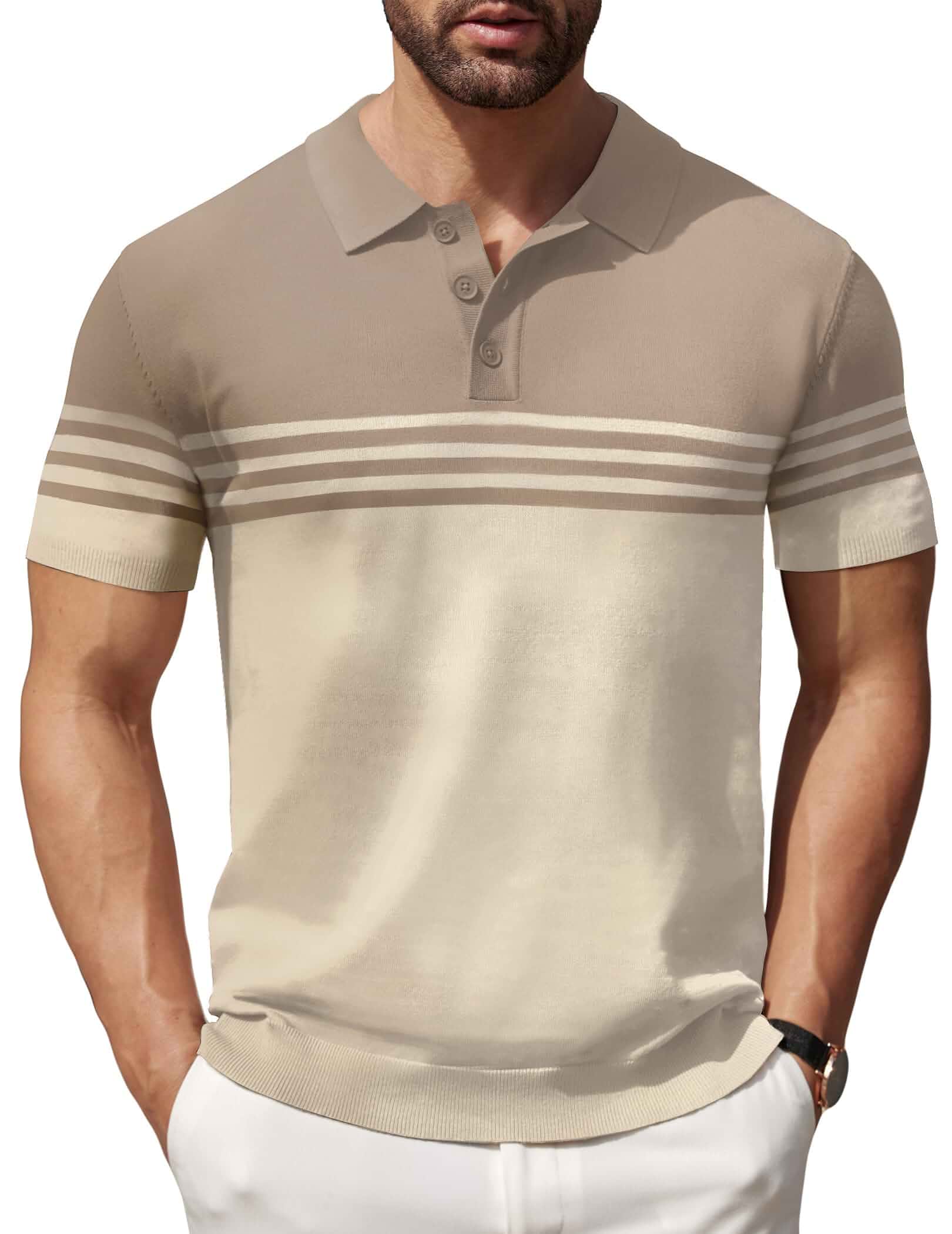 COOFANDY Men's Short Sleeve Polo Shirts Vintage Knitted Shirt Casual Button Down Golf Shirts Striped · Relaxed