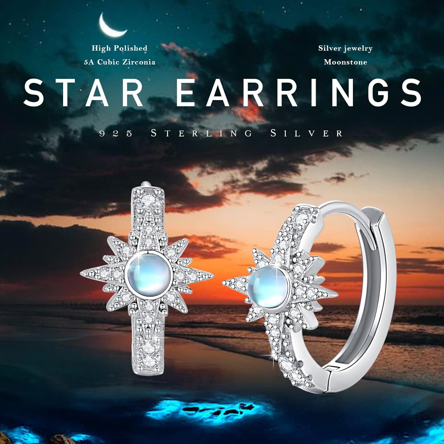 MEDWISE Moonstone Earrings 925 Sterling Silver Sun Moon Star Moonstone Hoop Earrings Moon Earrings Star Hoop Earrings Moonstone Jewelry for Women Mother Wife Ladies Couple