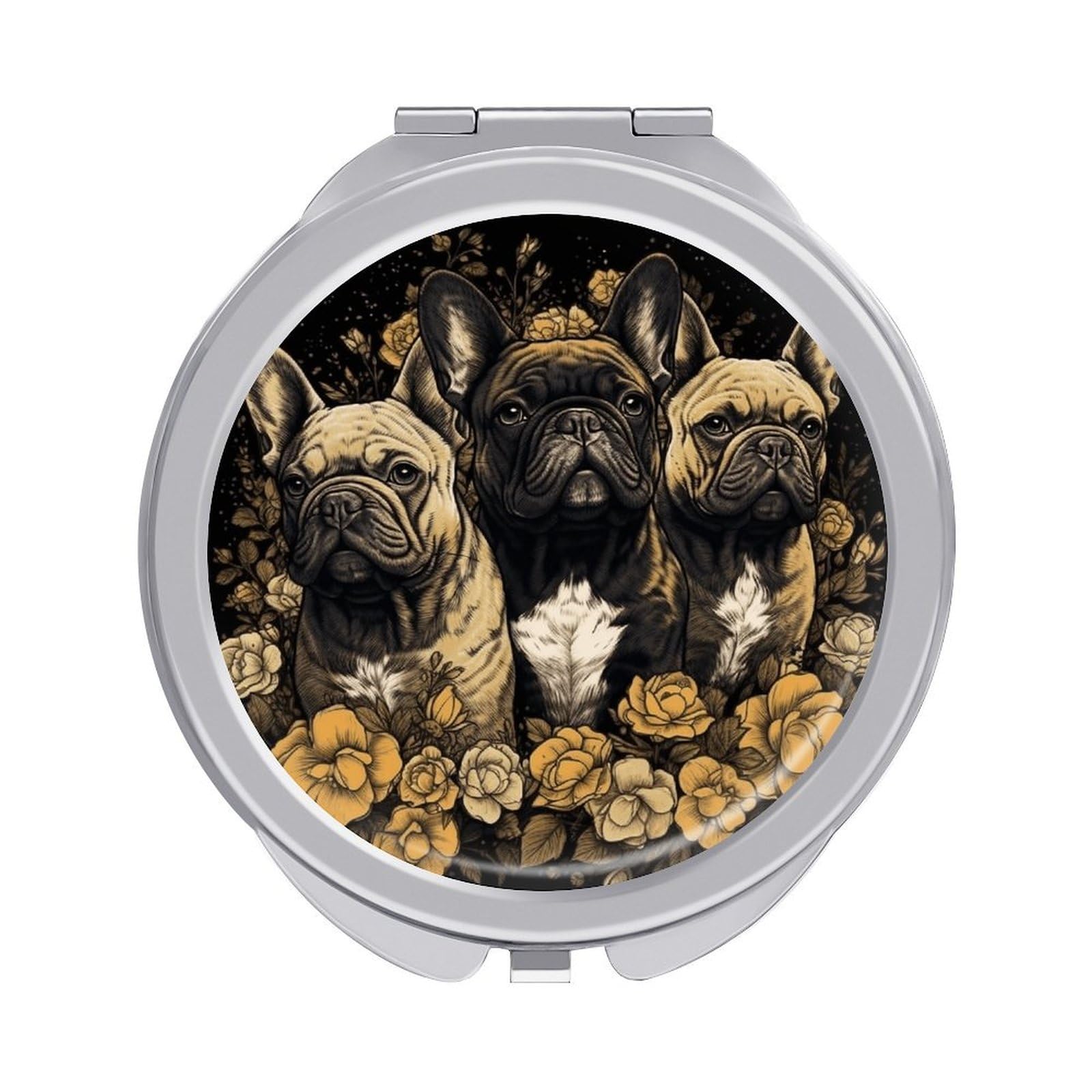 VstaDank Three French Bulldogs Travel Makeup Mirror 2 X /1 X Magnifying Mini Vintage Pocket Mirror for Purse Small Portable Folding Small Round Mirrors Portable Vanity Mirrors for Women