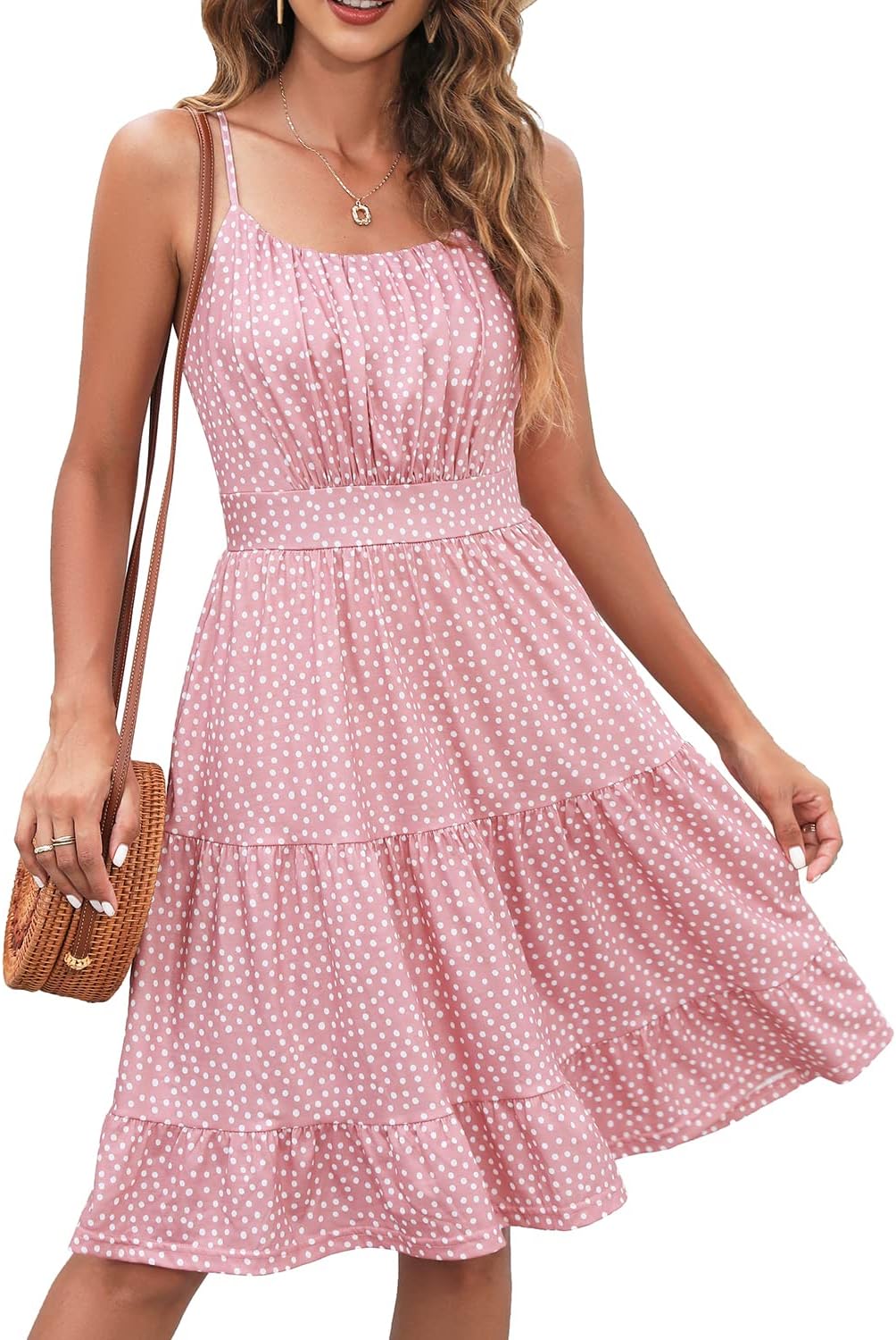 Sundresses for Women Casual Beach Ruched Chest Spaghetti Straps Floral Swing Summer Dress with Pockets