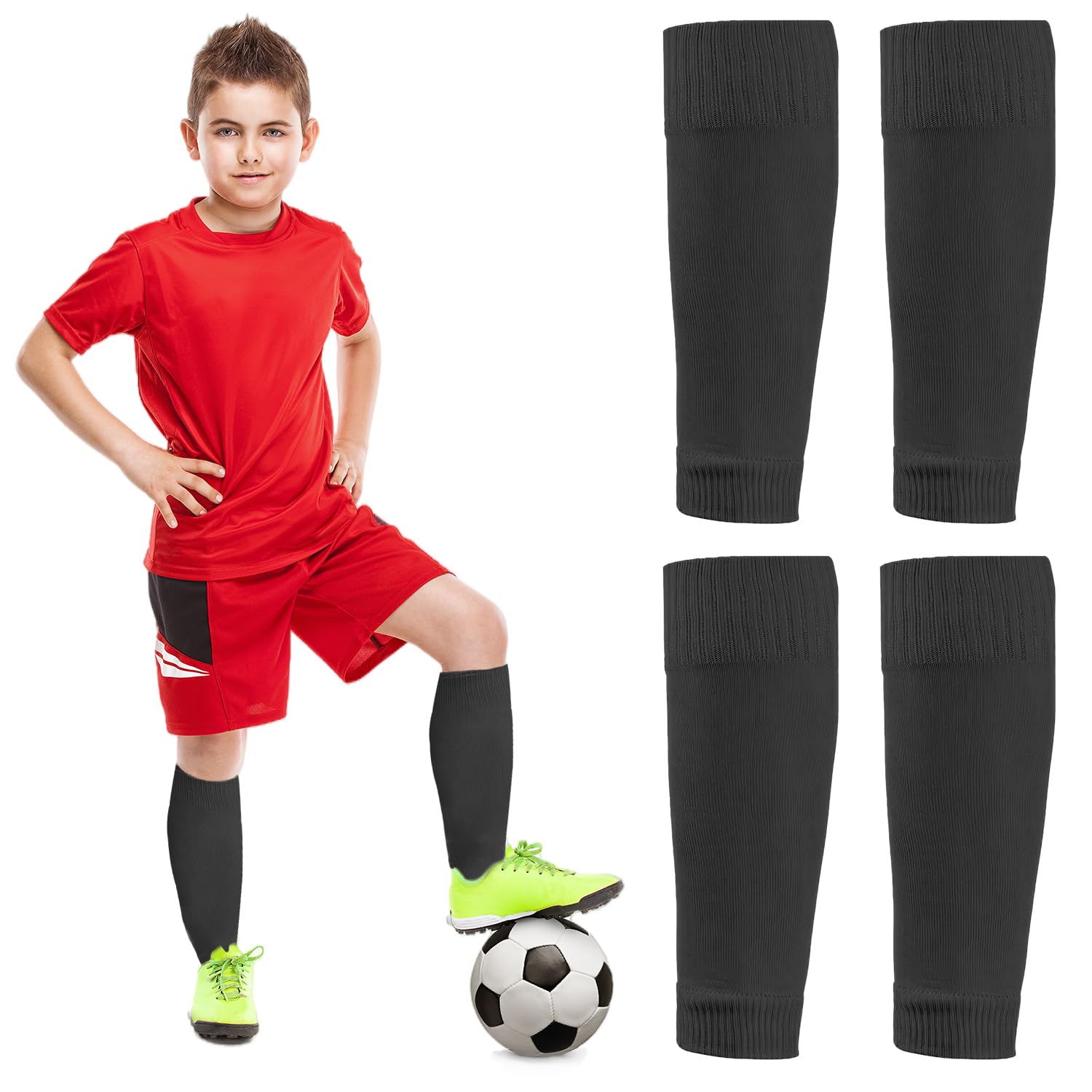 REEKNOKOL 2 Pairs Kids Football Sock Sleeve, Elastic Kids Cut Football Socks, Sport Sock Sleeves Kids for Football Games Beginner (Black, 32 x 9cm / 12.59 x 3.54inch, 6 Count)