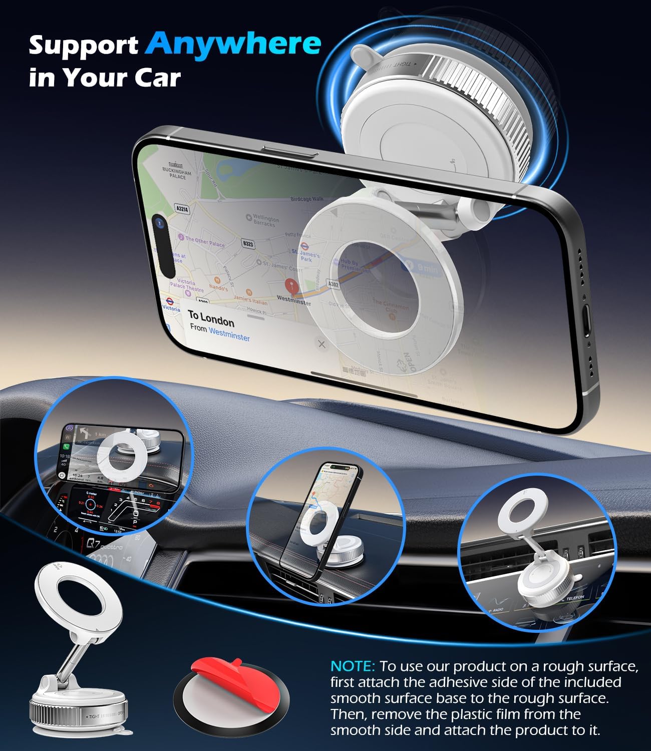 Car Phone Mount for Magsafe, 360° Adjustable Magnetic Phone Holder Foldable Suction Cup Phone Mount for Car/Gym/Mirror Mount for iPhone/Android, White image 2
