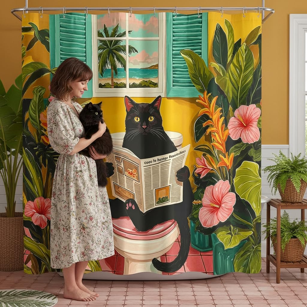 Funny Black Cat Shower Curtain Boho Cute Fun Cat Sitting on Toilet Shower Curtains for Bathroom Tropical Floral Plants Girly Decorative Waterproof Bath Curtain Decor 72 X 72 Inches