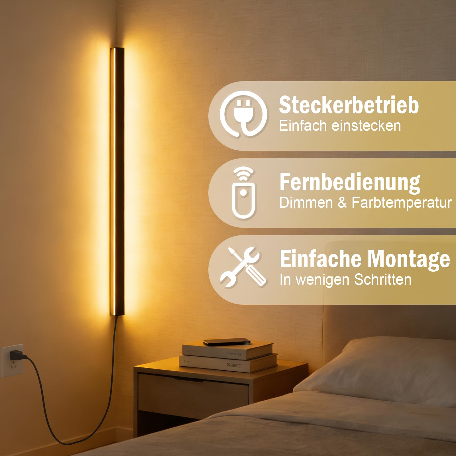 LANMOU Lange Wandleuchte Innen Dimmbar 150cm Schwarz LED Ecklampe 4000 LM | Wandlampe mit Fernbedienung ＆ Stecker, Modern Aluminiumgehäuse, 3000-6000K Lichtfarbe, 50W, Kabelmontage für Wohnzimmer