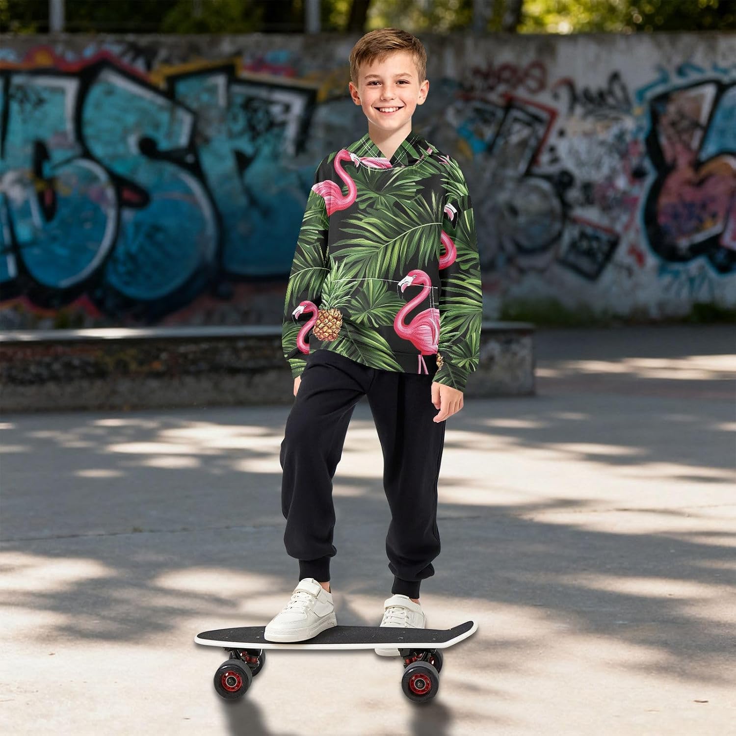 ZZXXB Palm Leaves Flamingo Kids Sweatshirts Boys Girls Hooded Kangaroo Pocket Pullover Tops XS-XXL