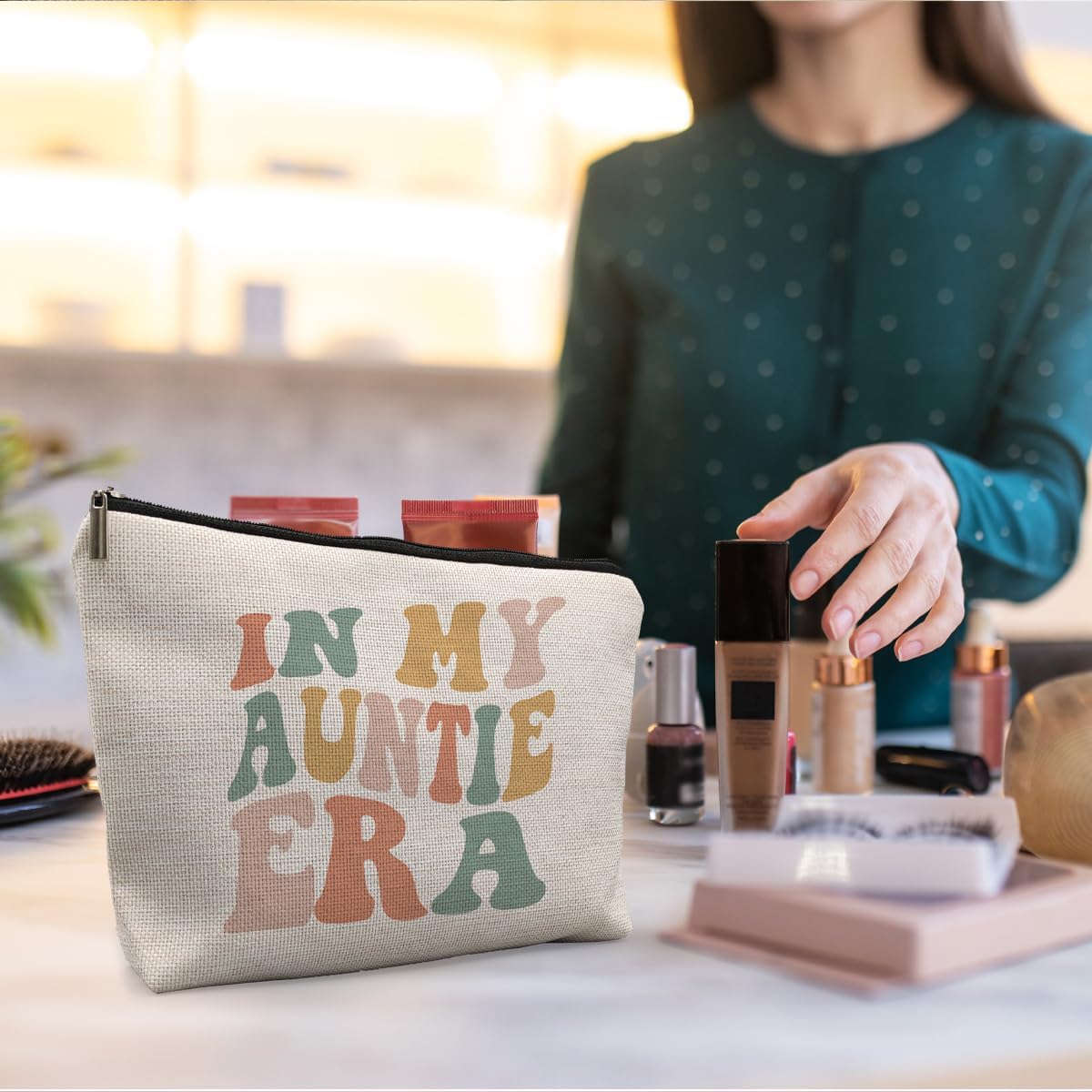 Auntie Gifts Canvas Makeup Bag, Gifts for Aunts from Niece Nephew, Aunt Auntie Gifts for Mother's Day, Best Aunt Gifts, in My Auntie Era Cosmetic Bag for Women - Image 3