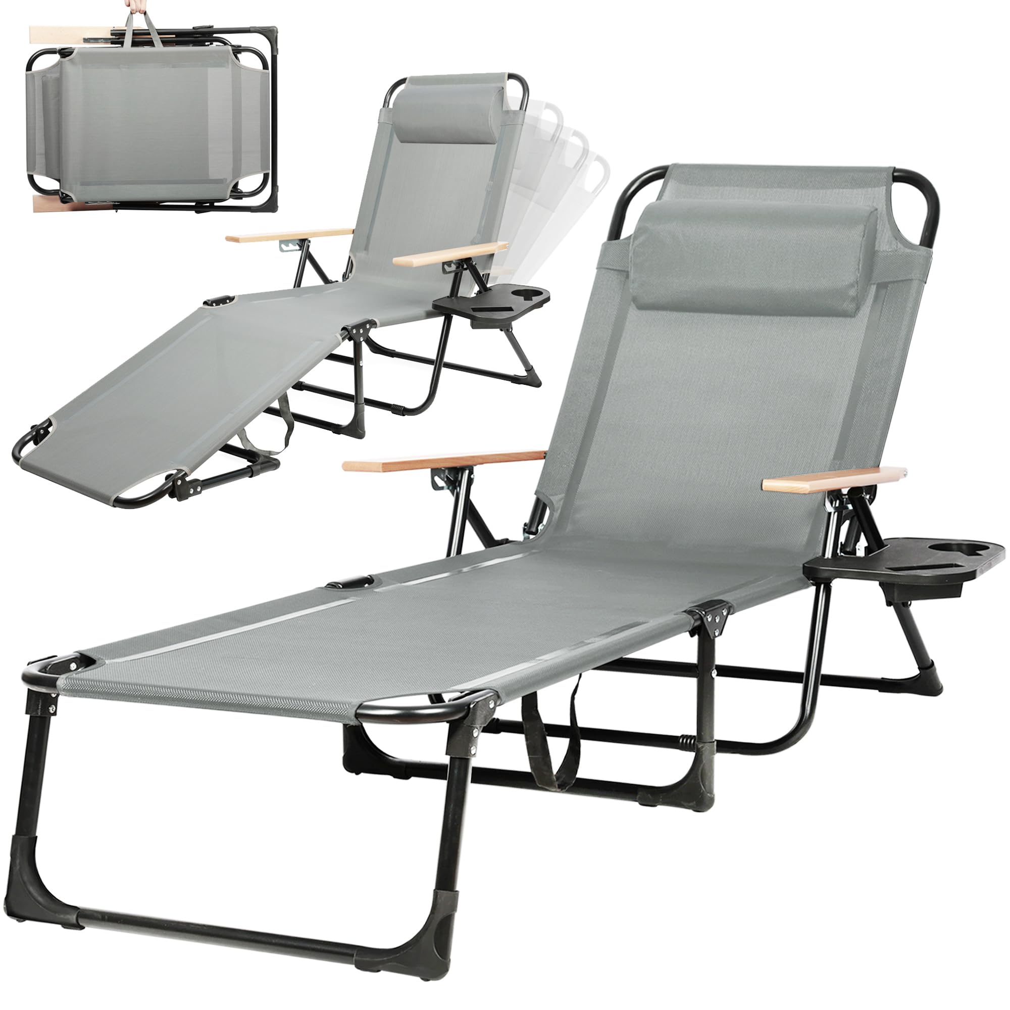 T-ZBDZ Folding Sun Loungers for Garden, Sunlounger Chair with Arm Rests, 4-Adjustable Outdoor Reclining Sun Lounger, Sun Bed Lounger with Cup Holder for Beach Patio Pool, Grey