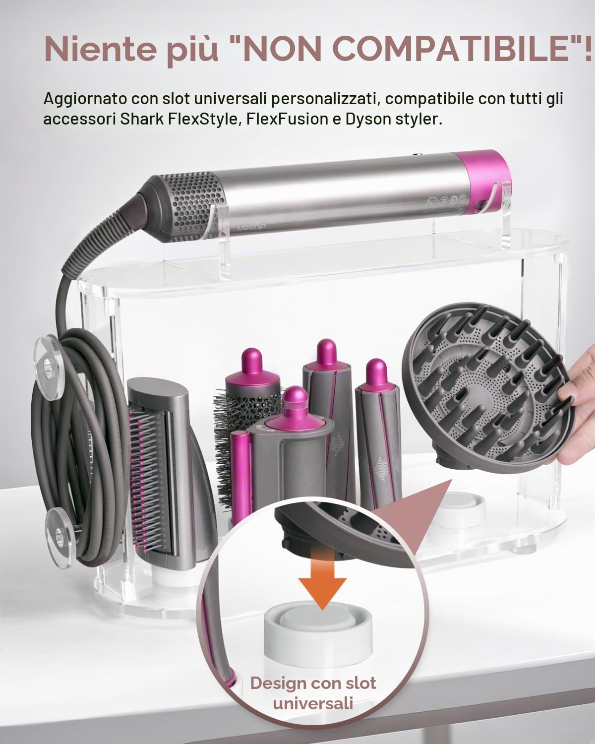 Affogato Supporto portaoggetti compatibile con accessori Dyson Airwrap, organizer da tavolo in acrilico a 6 fori, organizer da scrivania per riporre accessori a cilindro lungo per il bagno