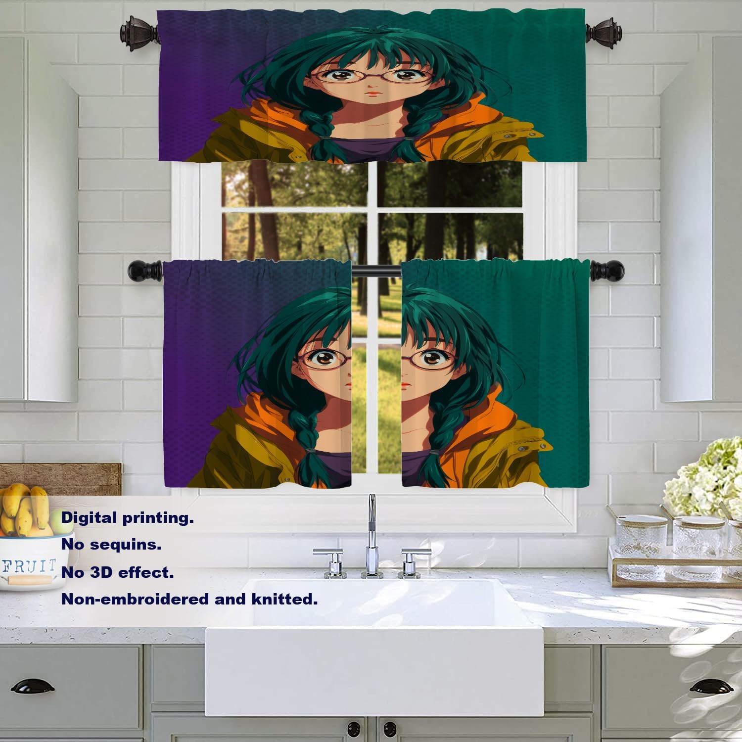 Batmerry Anime Character Manga Girl Tier Curtains, Young Female Illustrated Portrait Cafe Curtain Short Kitchen Drapes Small Valance for Bathroom, 2 Pack 26X24 Inches