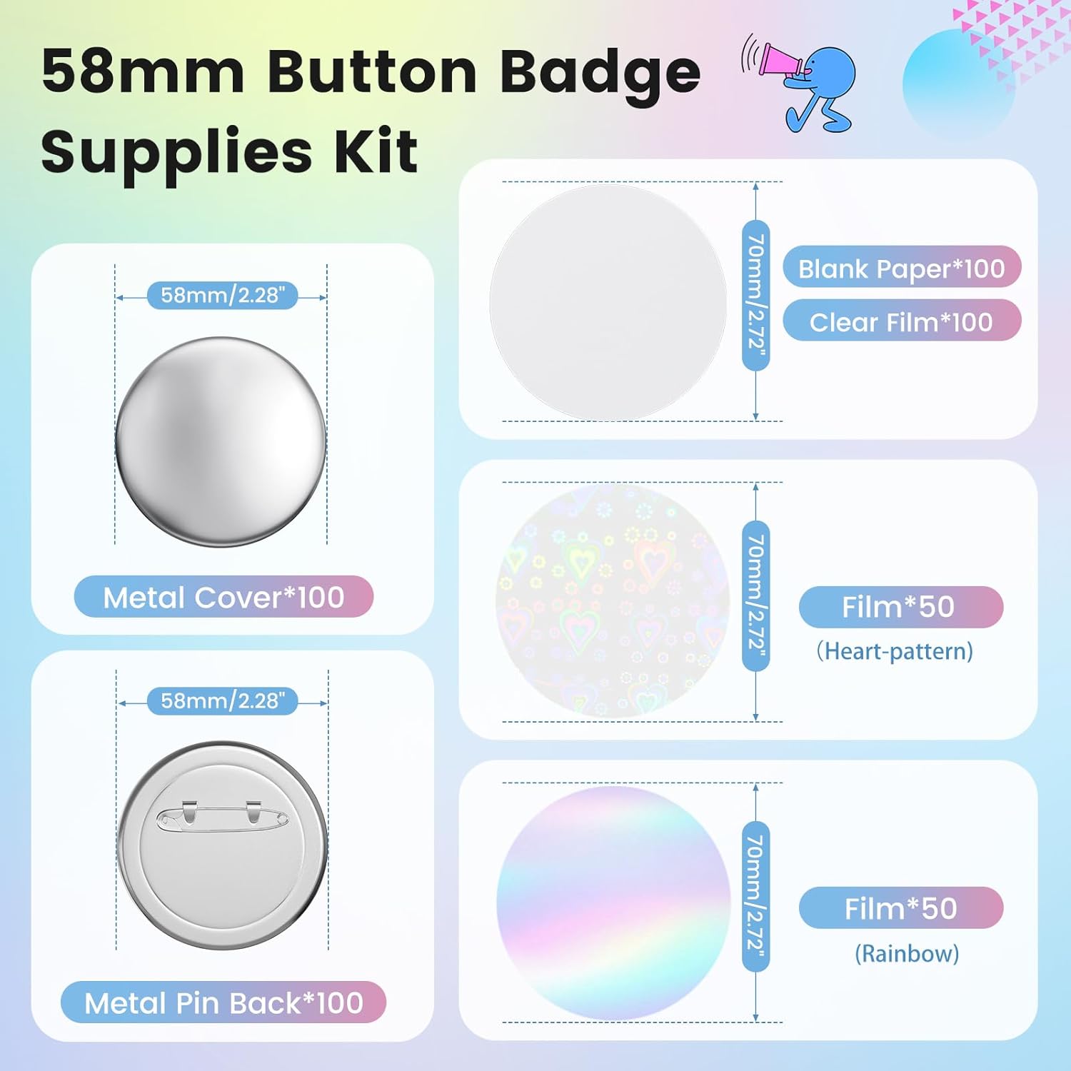 Button Pin Making Supplies 100 Sets 58mm(2.25'') Button Inserts for 58mm Button Maker Machine, Badge Making Suppies w/Metal Pin Back, Metal Cover, Glitter Film & Blank Paper